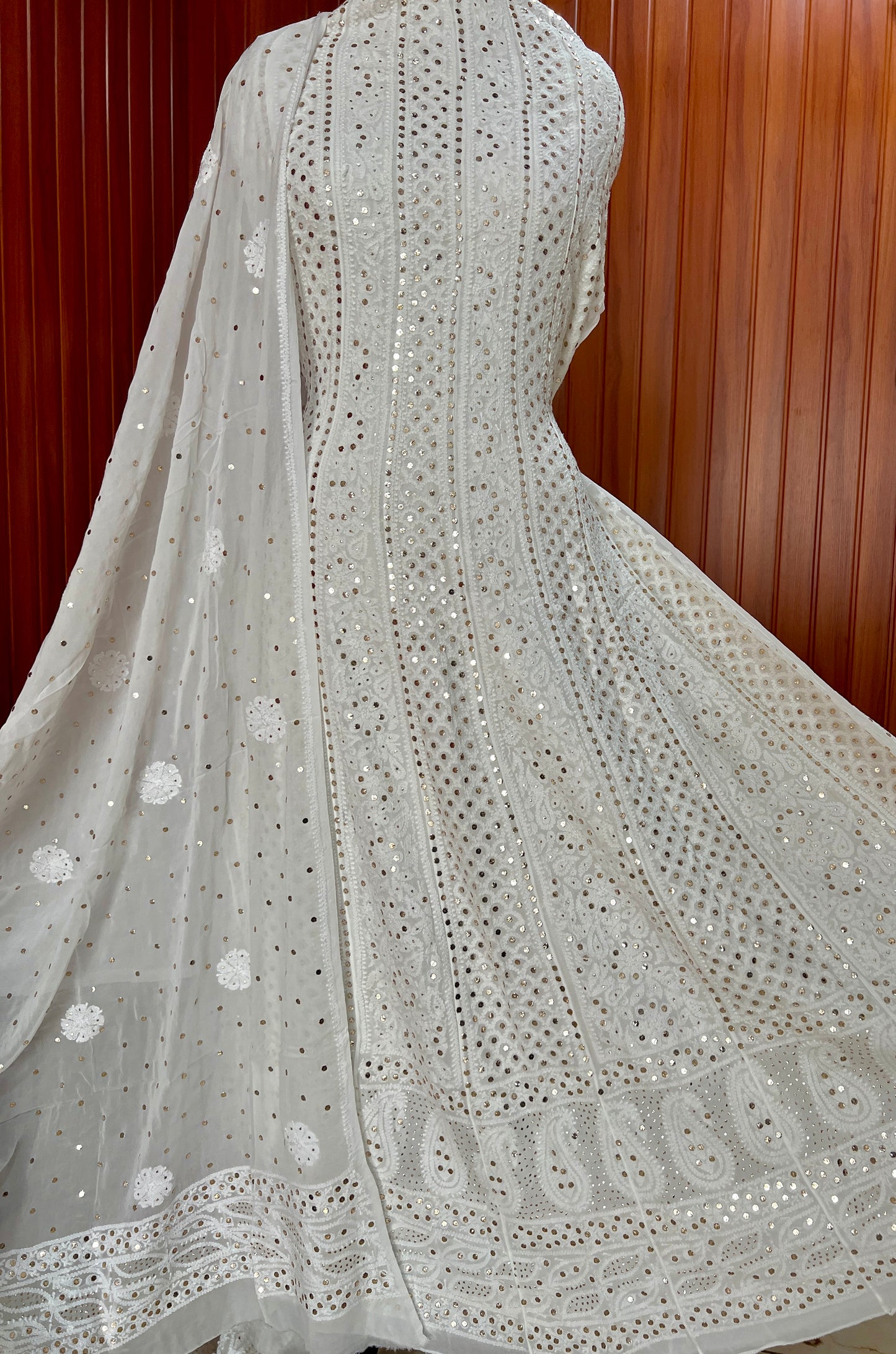 White allover Chikankari and mukaish anarkali with dupatta