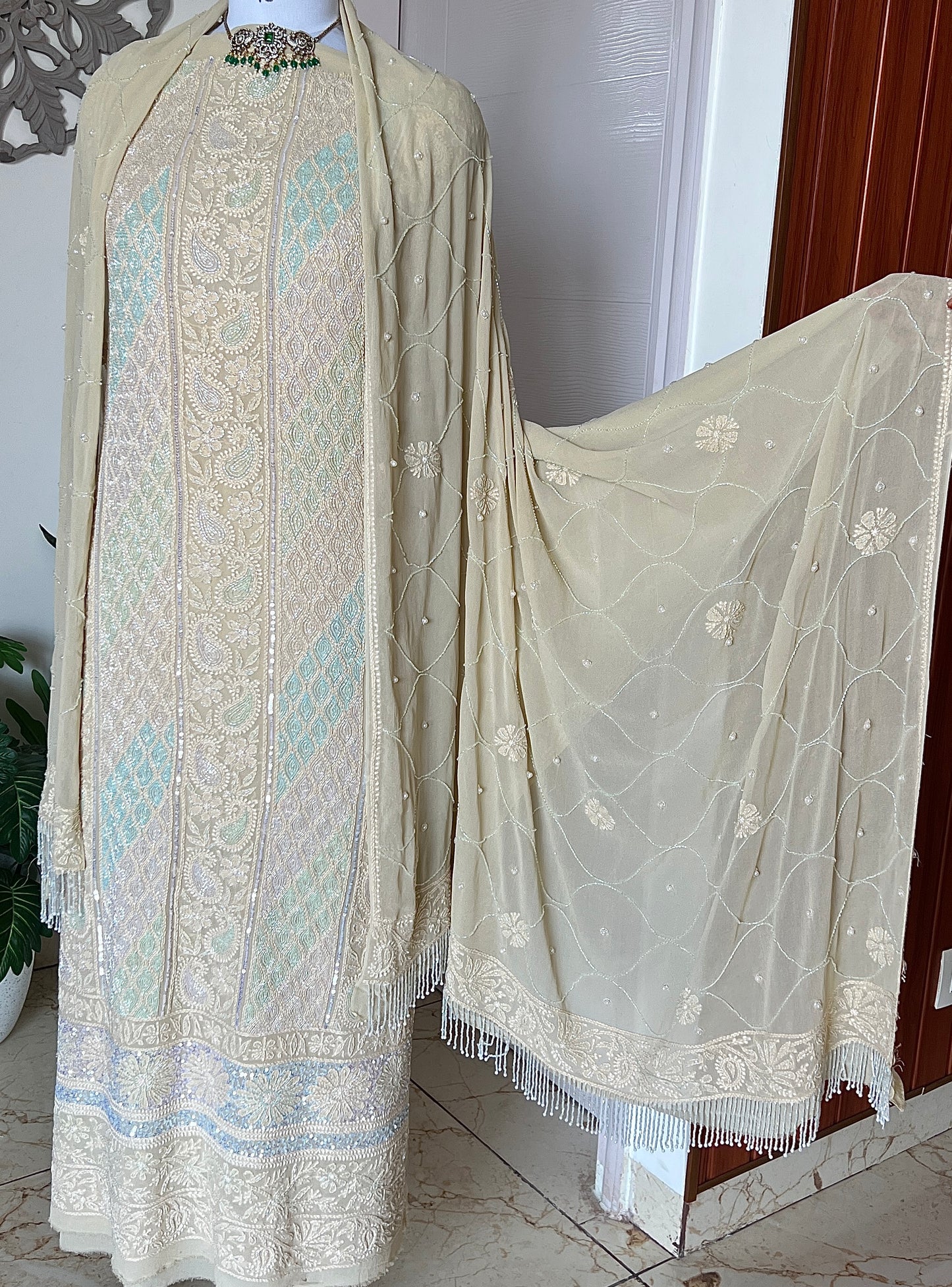 Champagne multi cut dana sequins kurta and dupatta