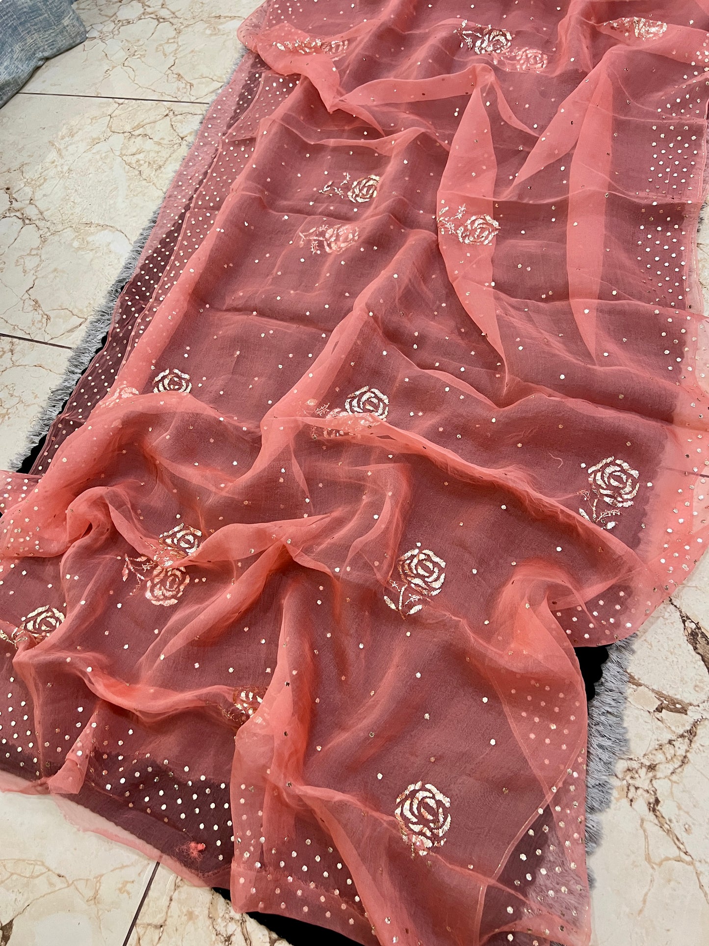 Coral Orange Pure Organza Saree with Badla and Mukaish Work