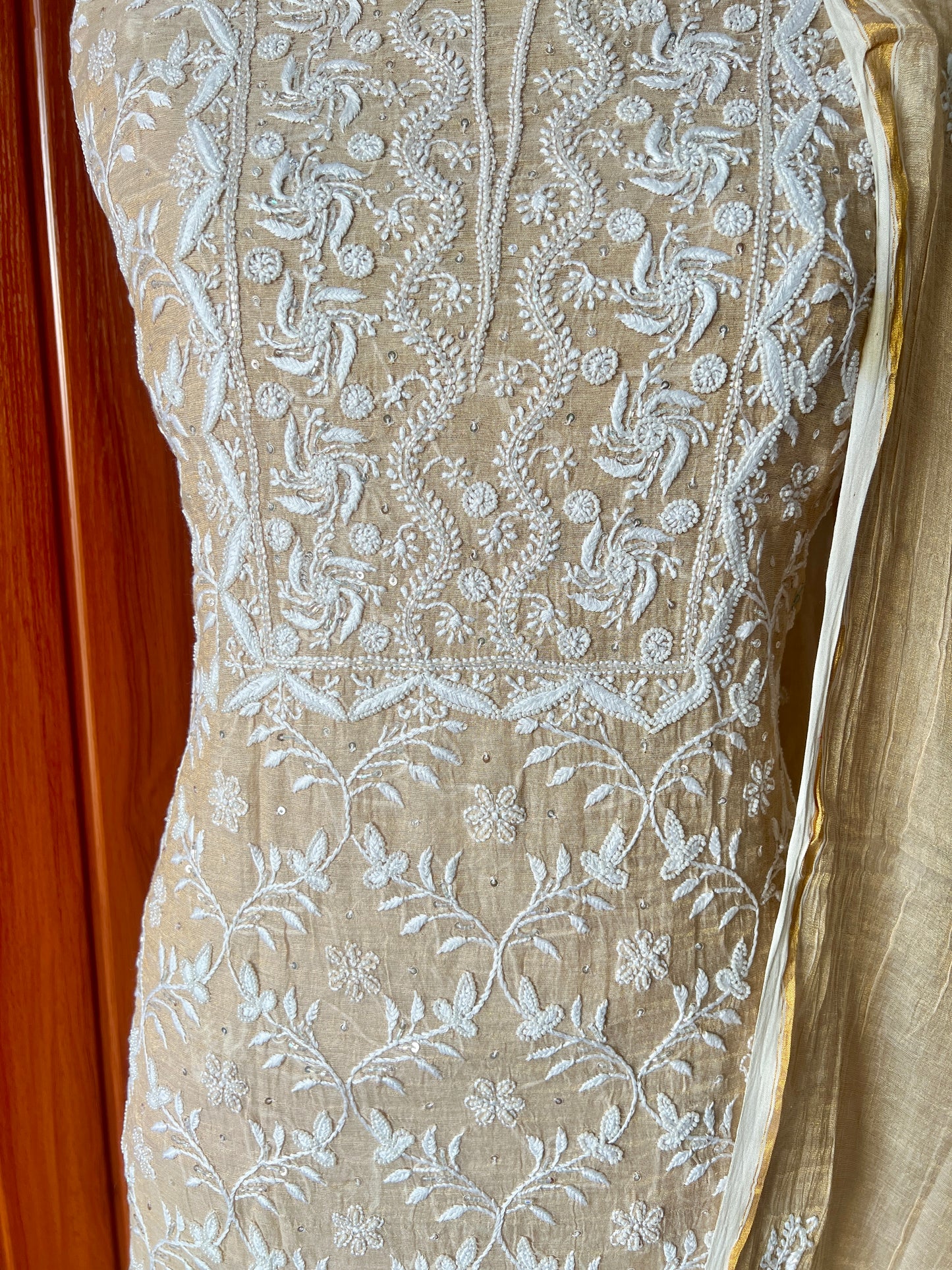 Pure Tissue Chikankari and pearl embroidered kurta and dupatta