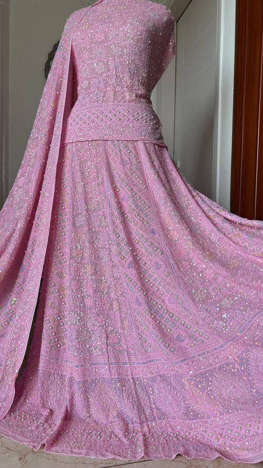 Ruhani Rose Pink Chikankari Multicolored Cut Dana Sequins Lehenga