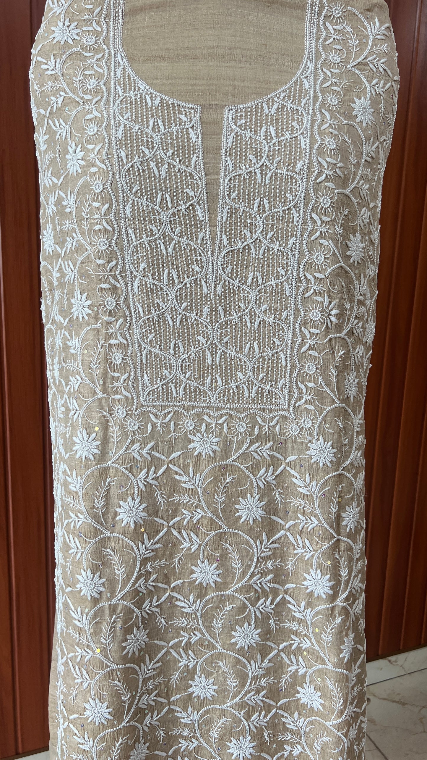 Pure Tussar silk Chikankari and pearl embroidered kurta and dupatta