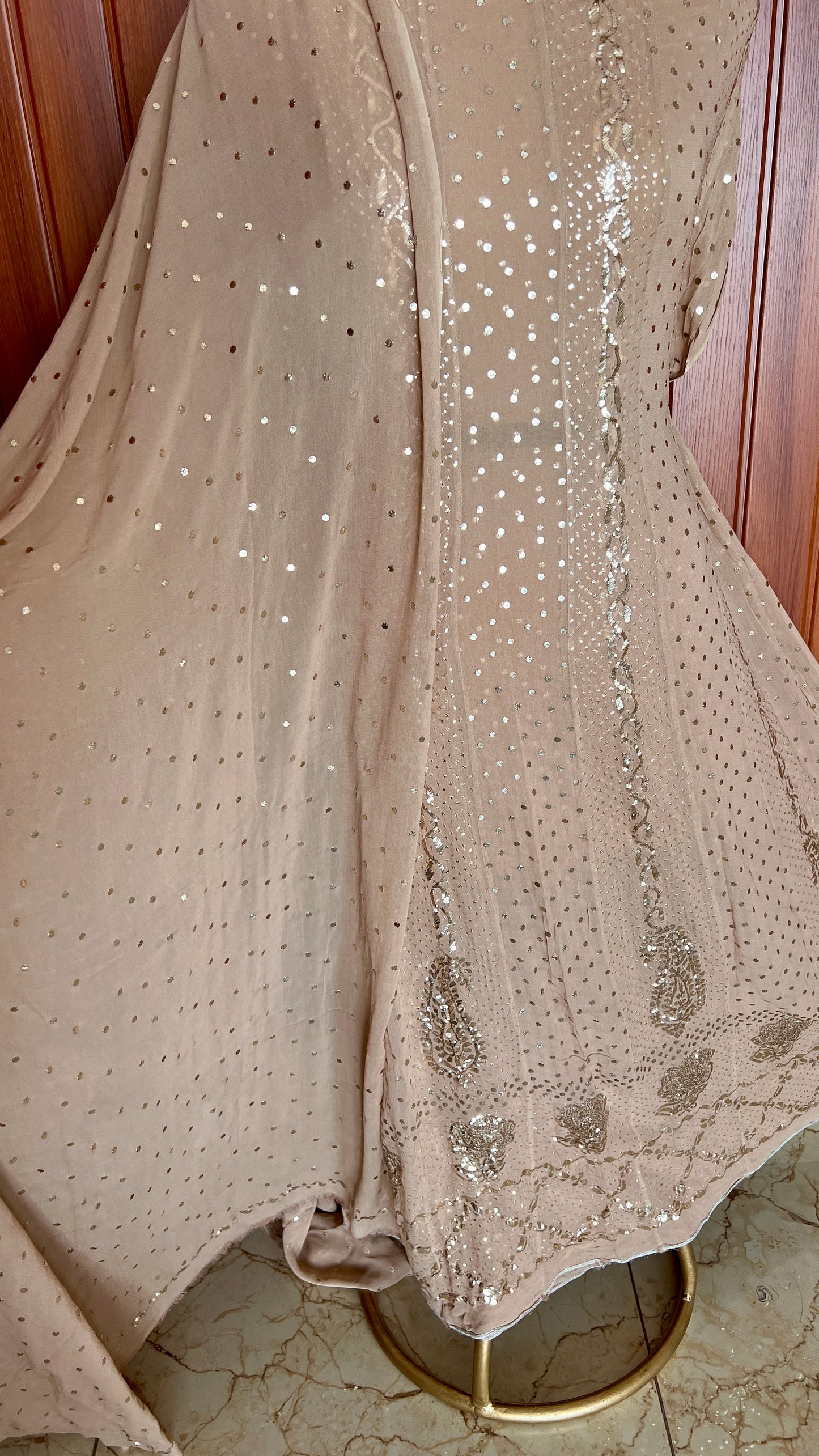 Nude Brown Allover Badla and Mukaish Anarkali with Dupatta