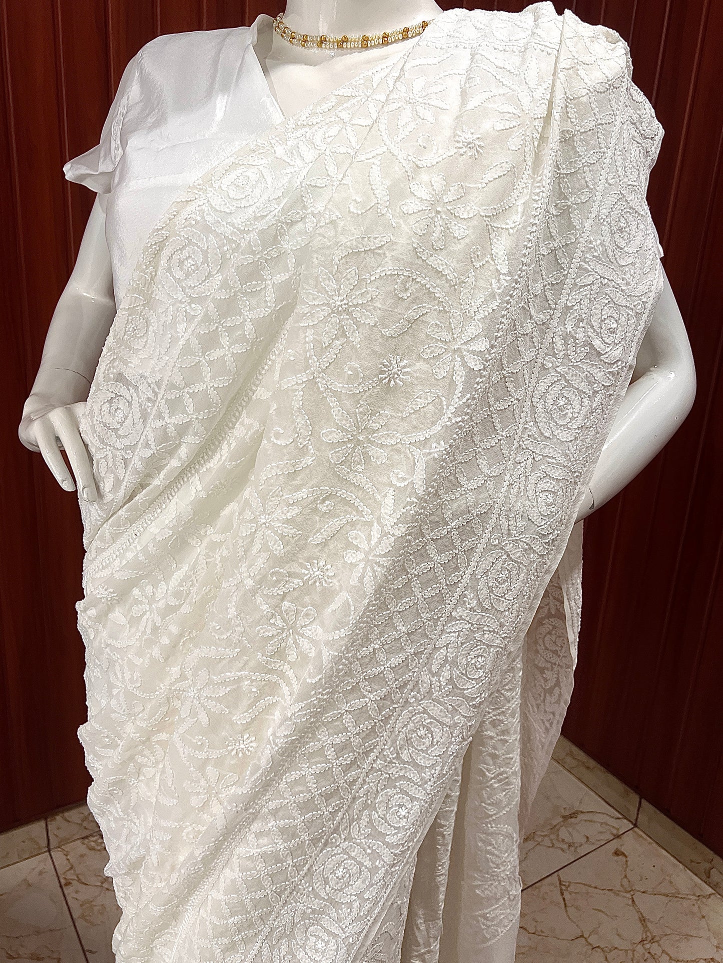Ruhani Off White Allover fine Chikankari Hand Embroidered Saree