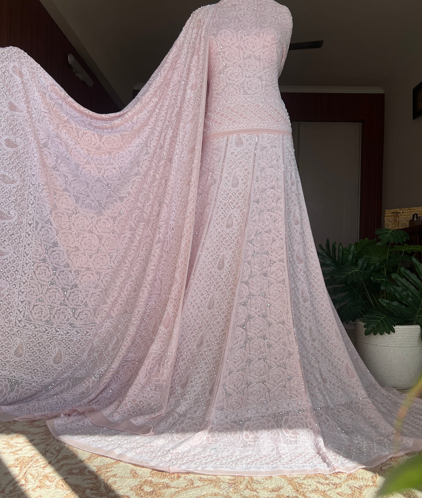Ruhani Powder Pink Chikankari Pearl Cut Dana Sequins Wedding Lehenga