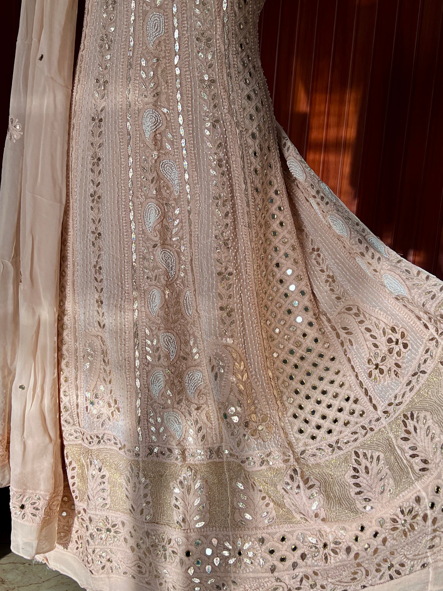 Beige Chikankari Mirror Gota Patti Pearl Anarkali with Dupatta
