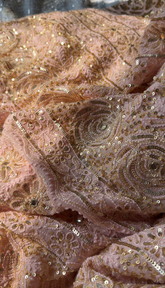 Ruhani Blush Peach Chikankari Sequins Cut Dana Embroidered Masterpiece Saree