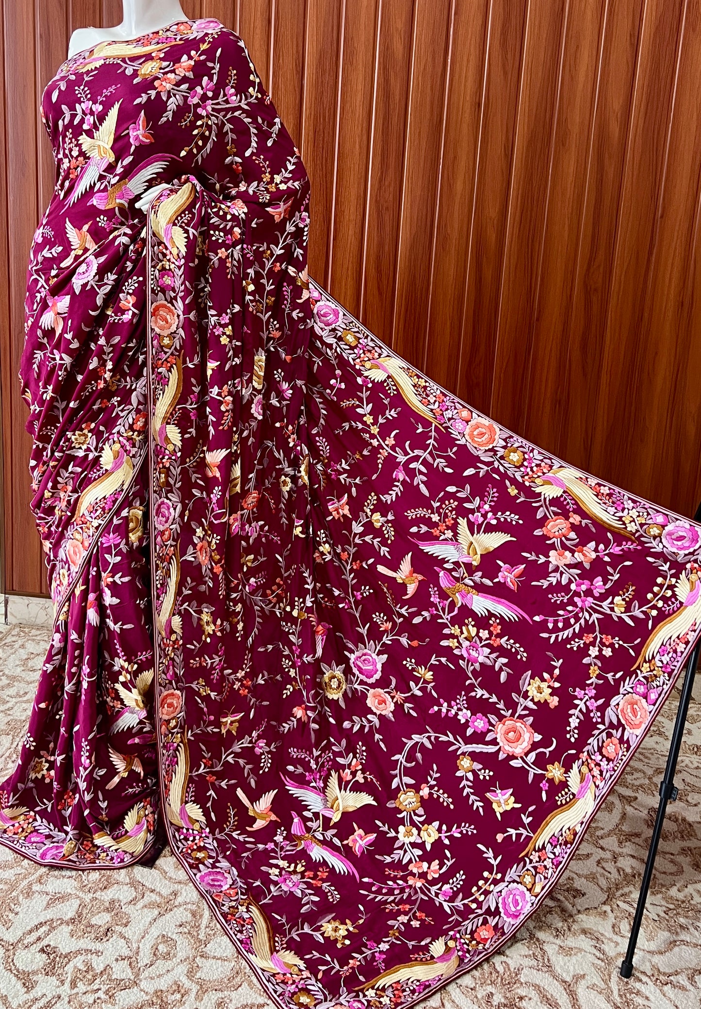 Burgundy Masterpiece Parsi Gara Pure Crepe Saree