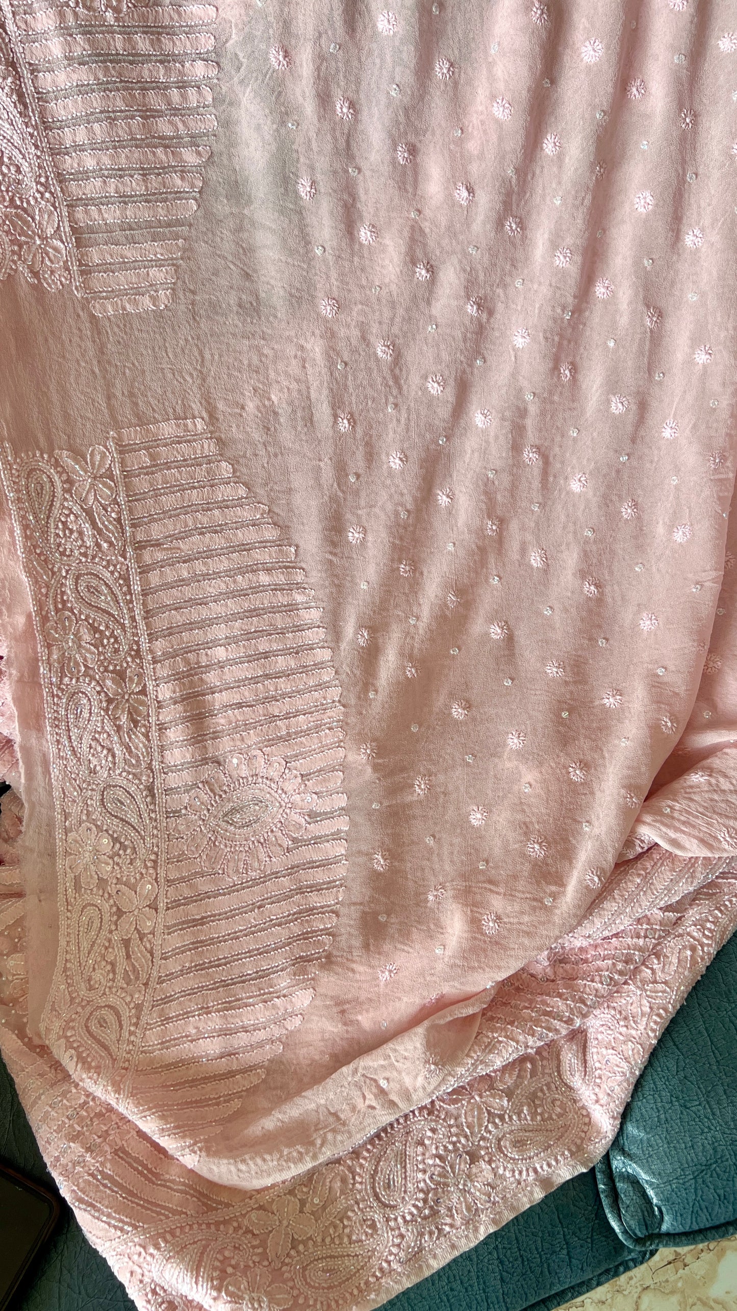 Ruhani Blush Pink Chikankari and Cut Dana Saree