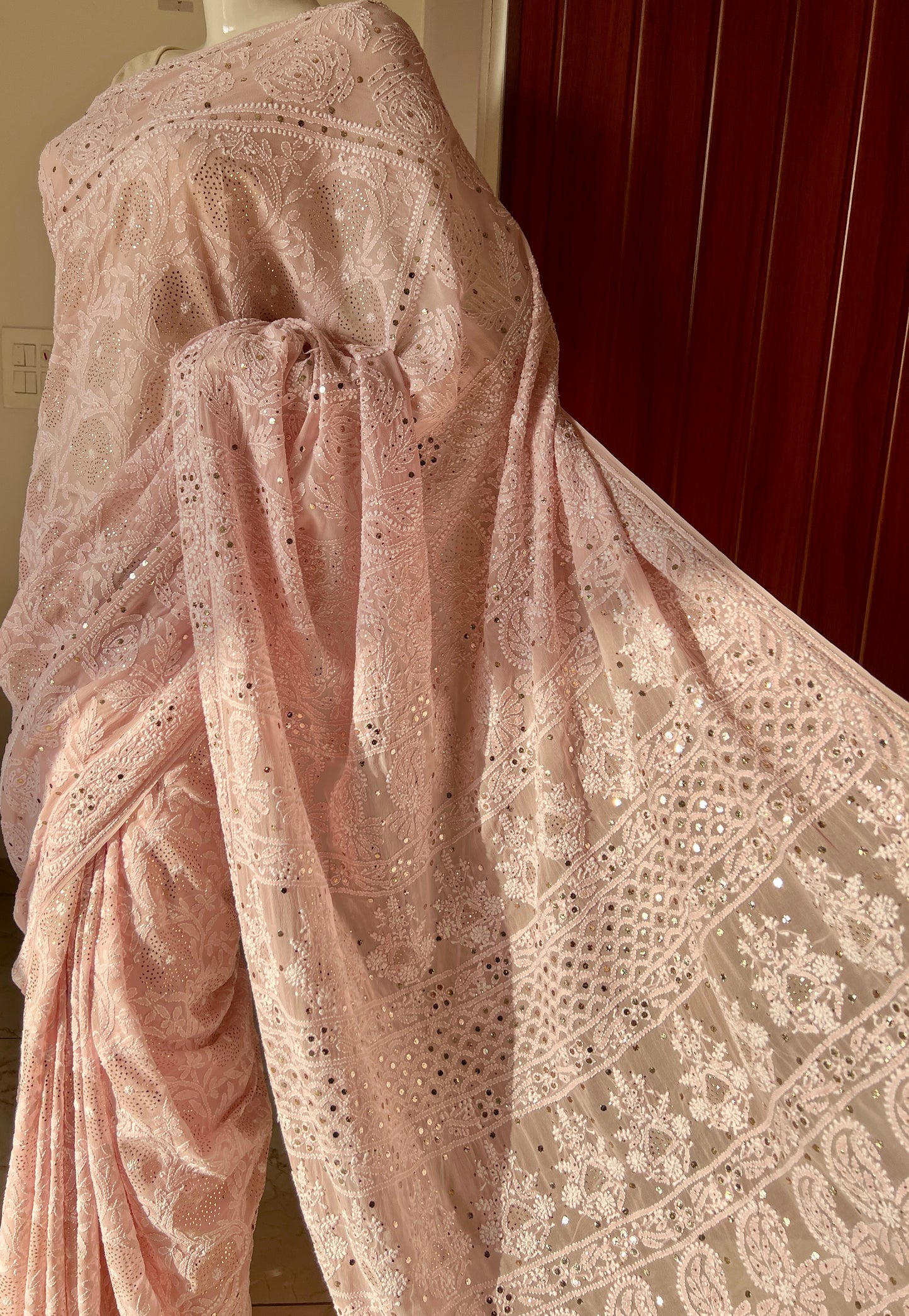 Ruhani Dusty Pink Allover Designer Chikankari and Mukaish Saree