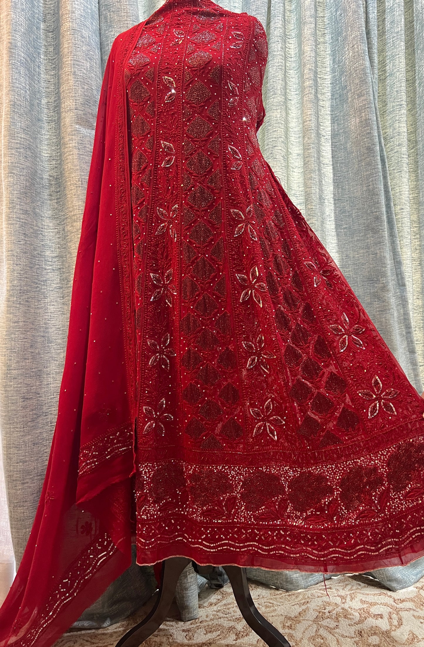 Reddish Maroon Chikankari Sequins and Cut Dana Anarkali