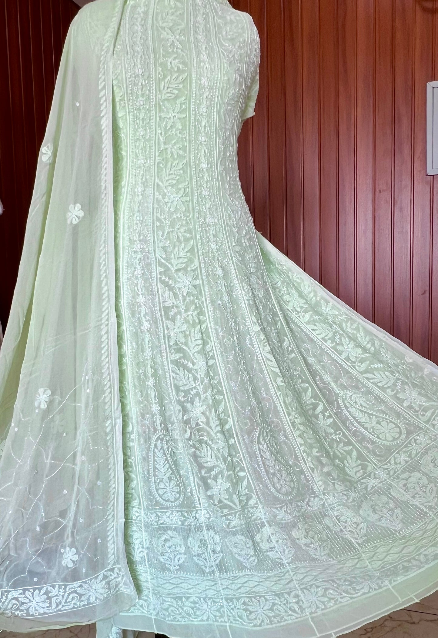 Lime green Chikankari Pearl Cut Dana Embroidered Anarkali with Dupatta
