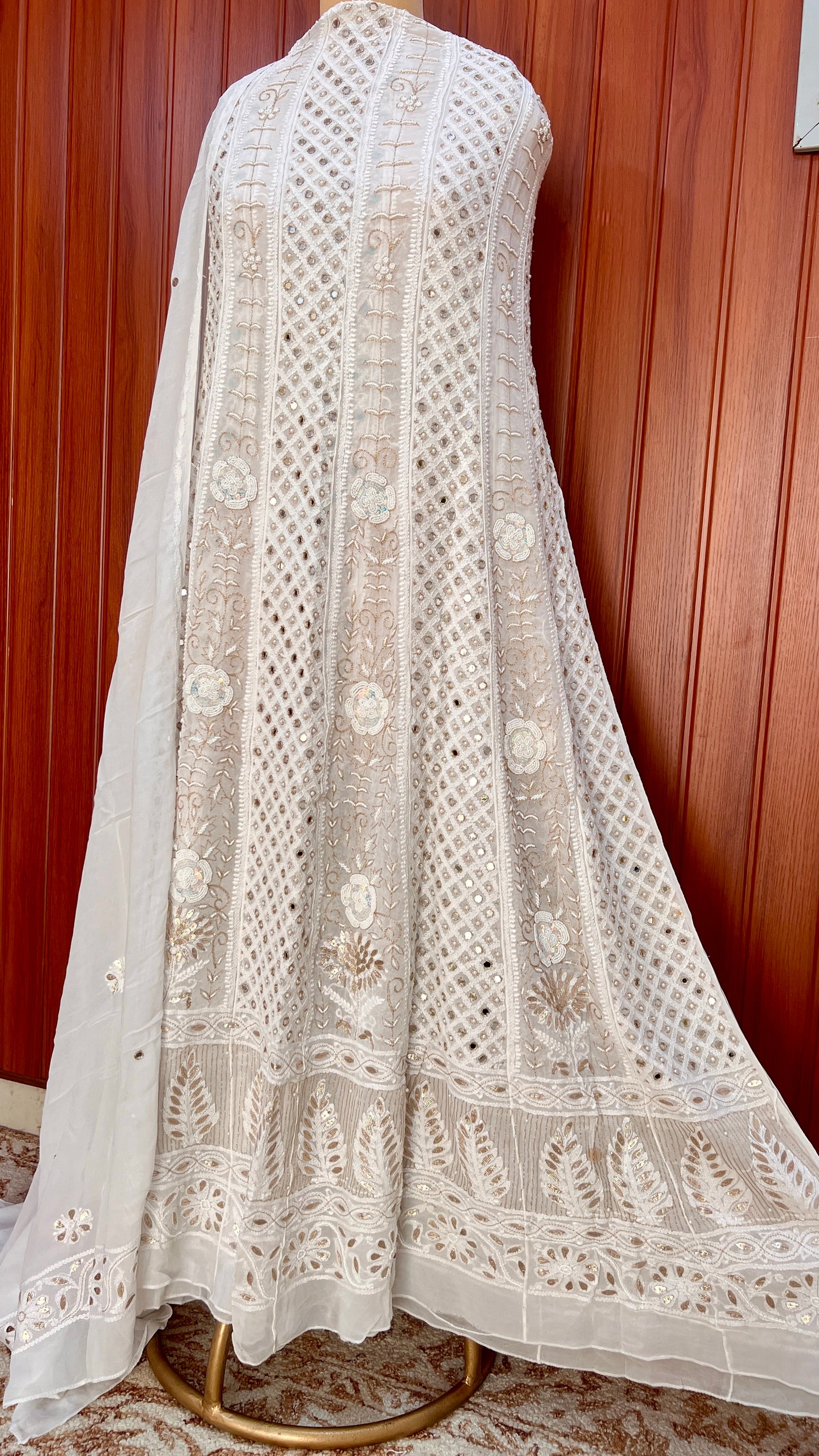 White Chikankari Mirror Gota Patti Pearl Anarkali with Dupatta