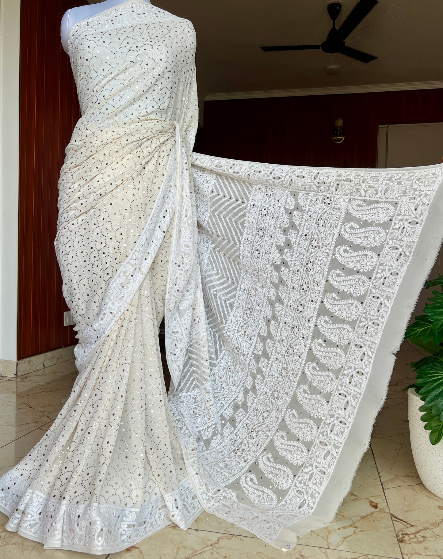 Ruhani Ivory Allover Designer Mukaish and Chikankari Saree