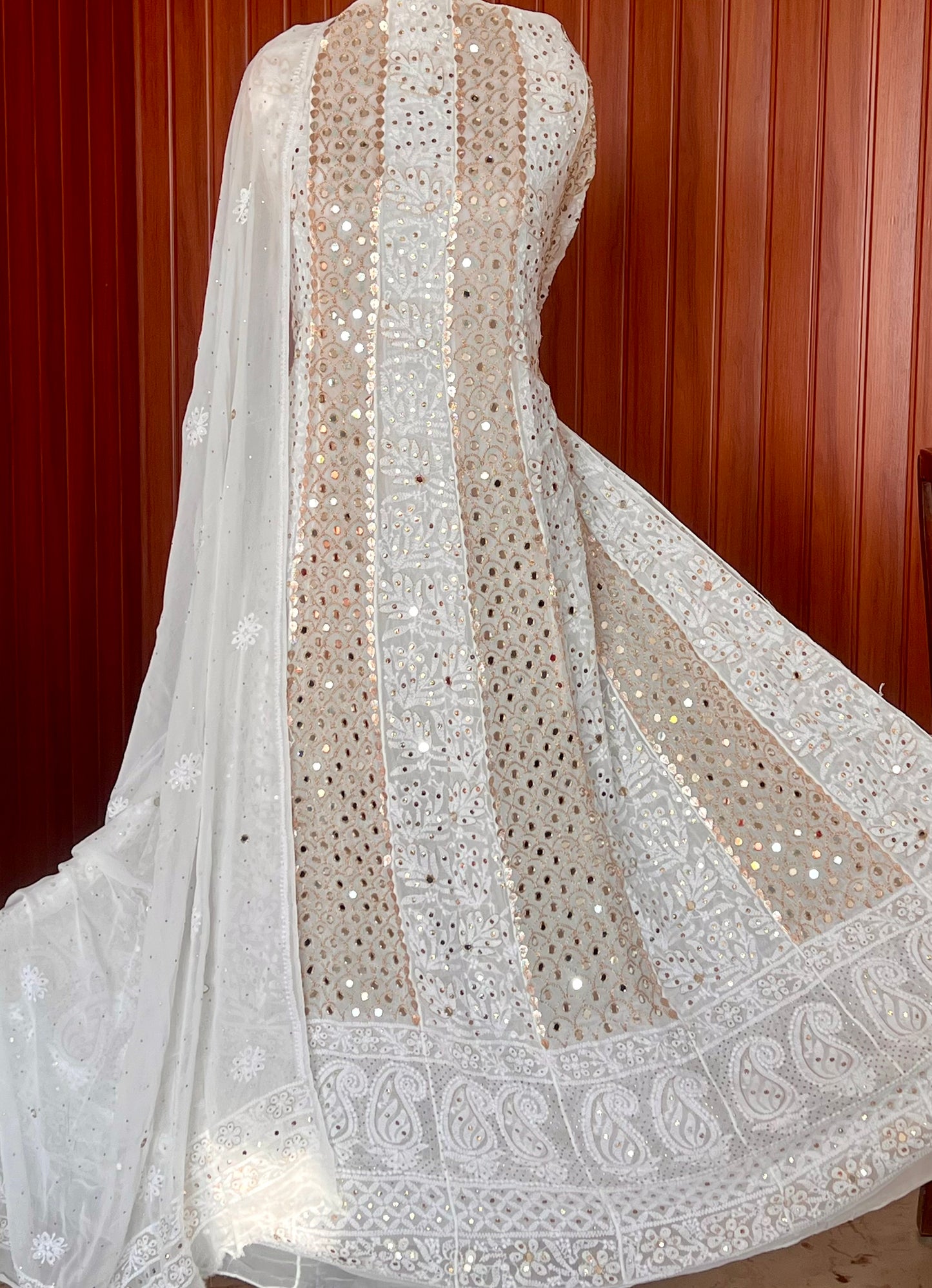 White Chikankari Mukaish Mirror and Gota Patti Anarkali with Dupatta