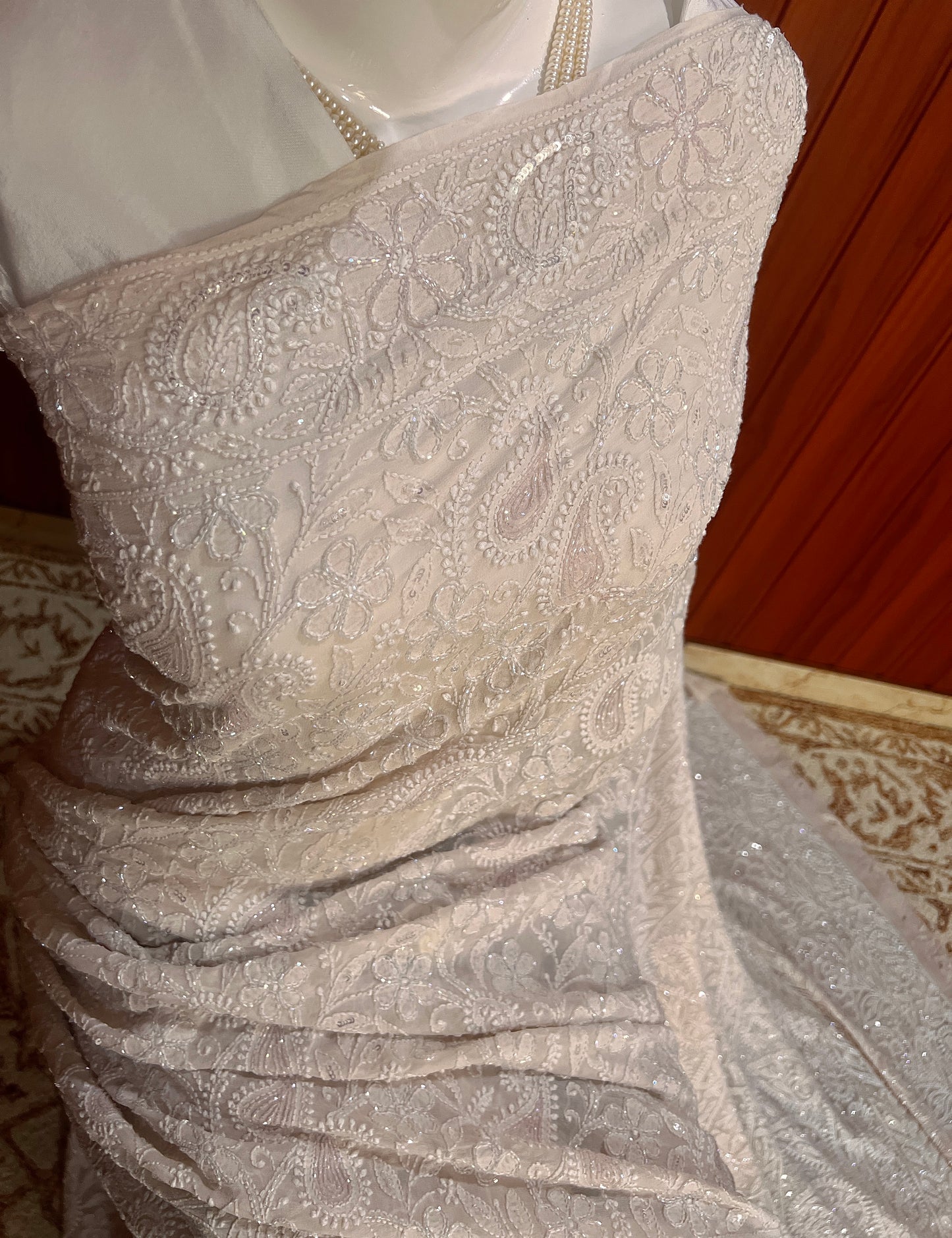 Ruhani Nude Beige Chikankari Cut Dana and Sequins Saree