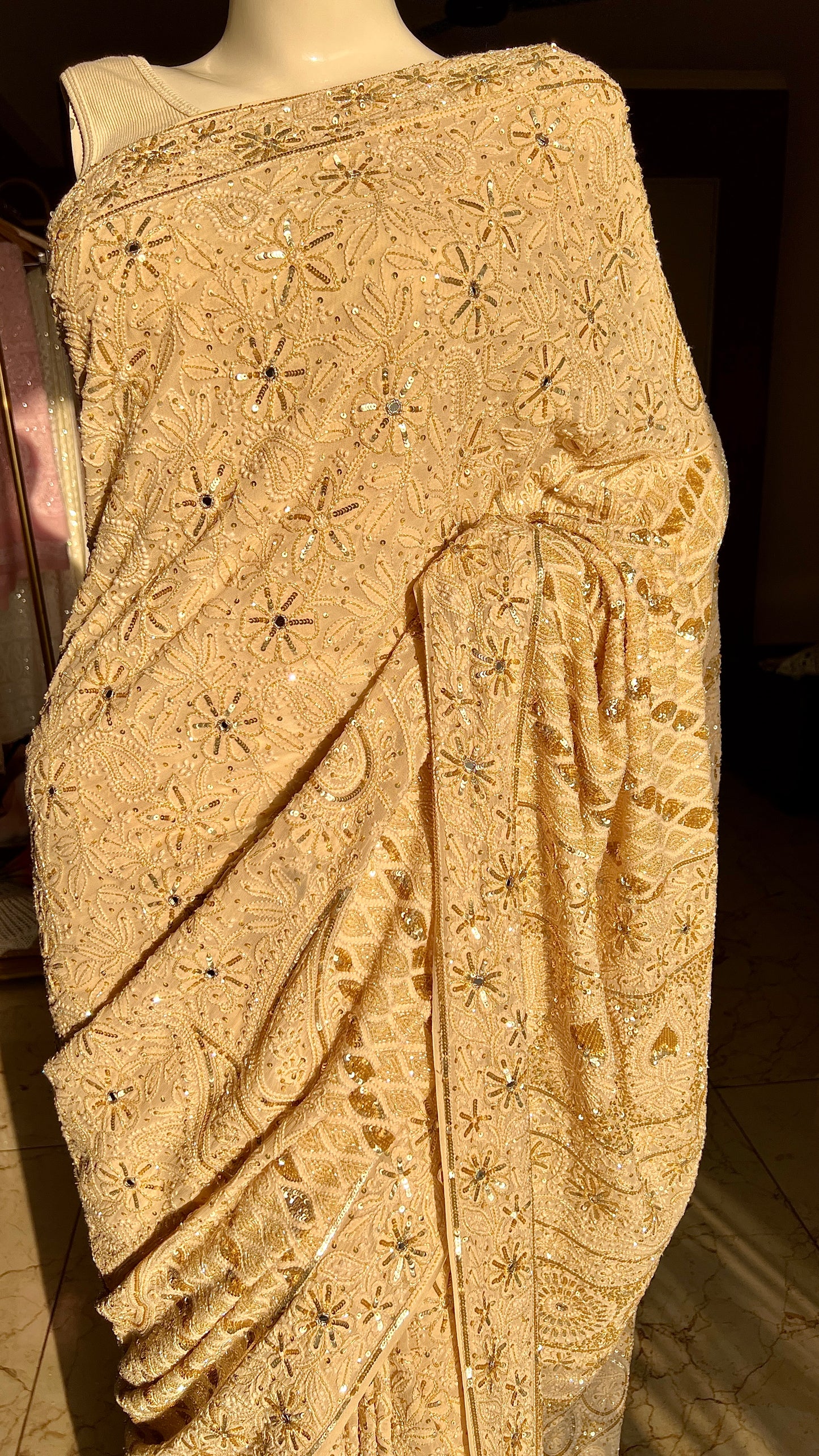 Ruhani Golden Beige Chikankari Sequins Cut Dana Embroidered Masterpiece Saree