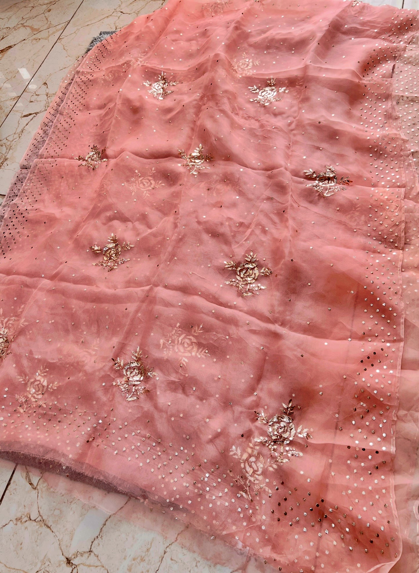 Coral Pure Organza Saree with Badla and Mukaish Work