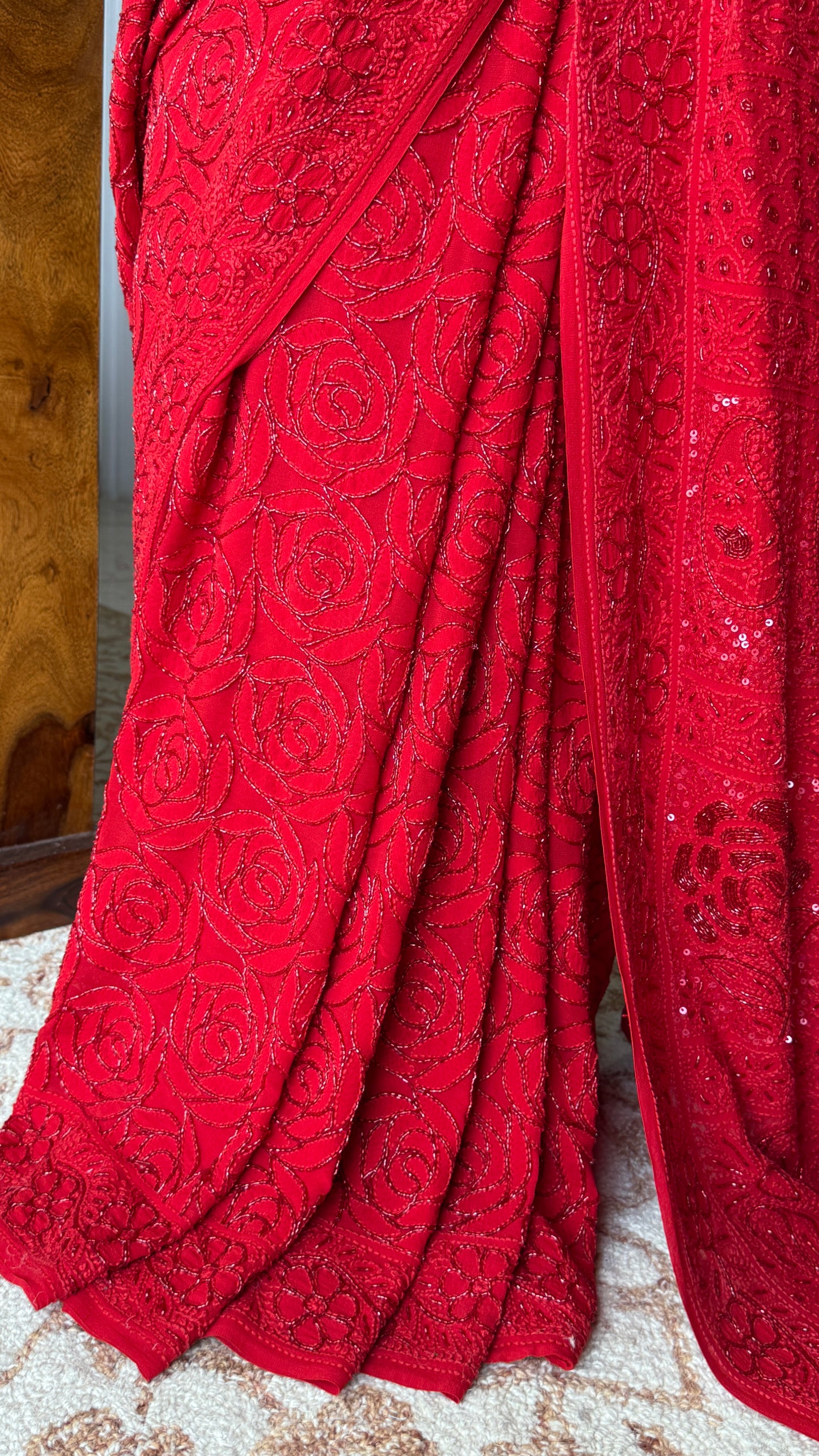 Surkh Laal Masterpiece Chikankari Cut Dana Sequins Saree