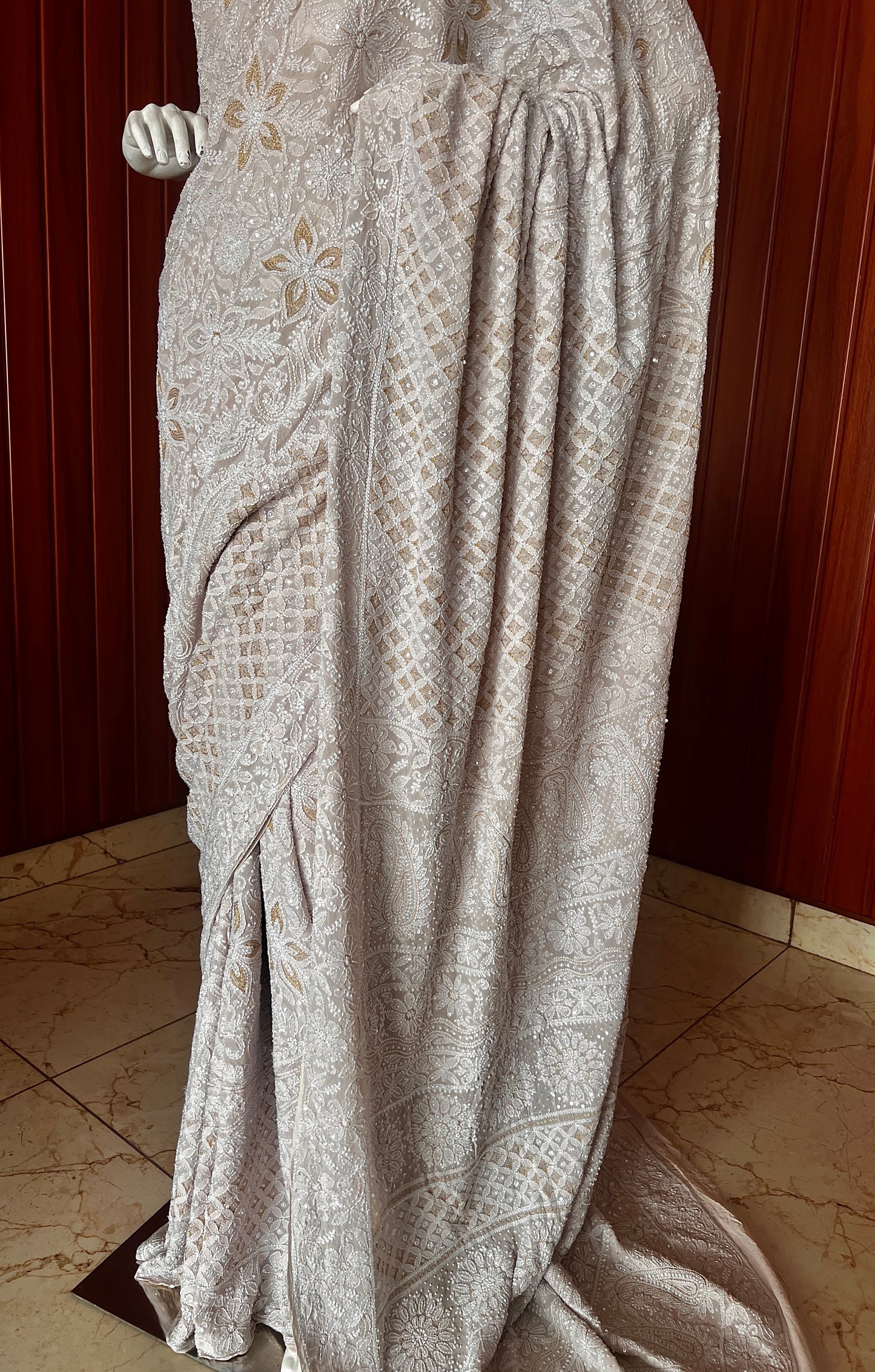 Ruhani Nude Champagne Chikankari and Cut Dana Saree