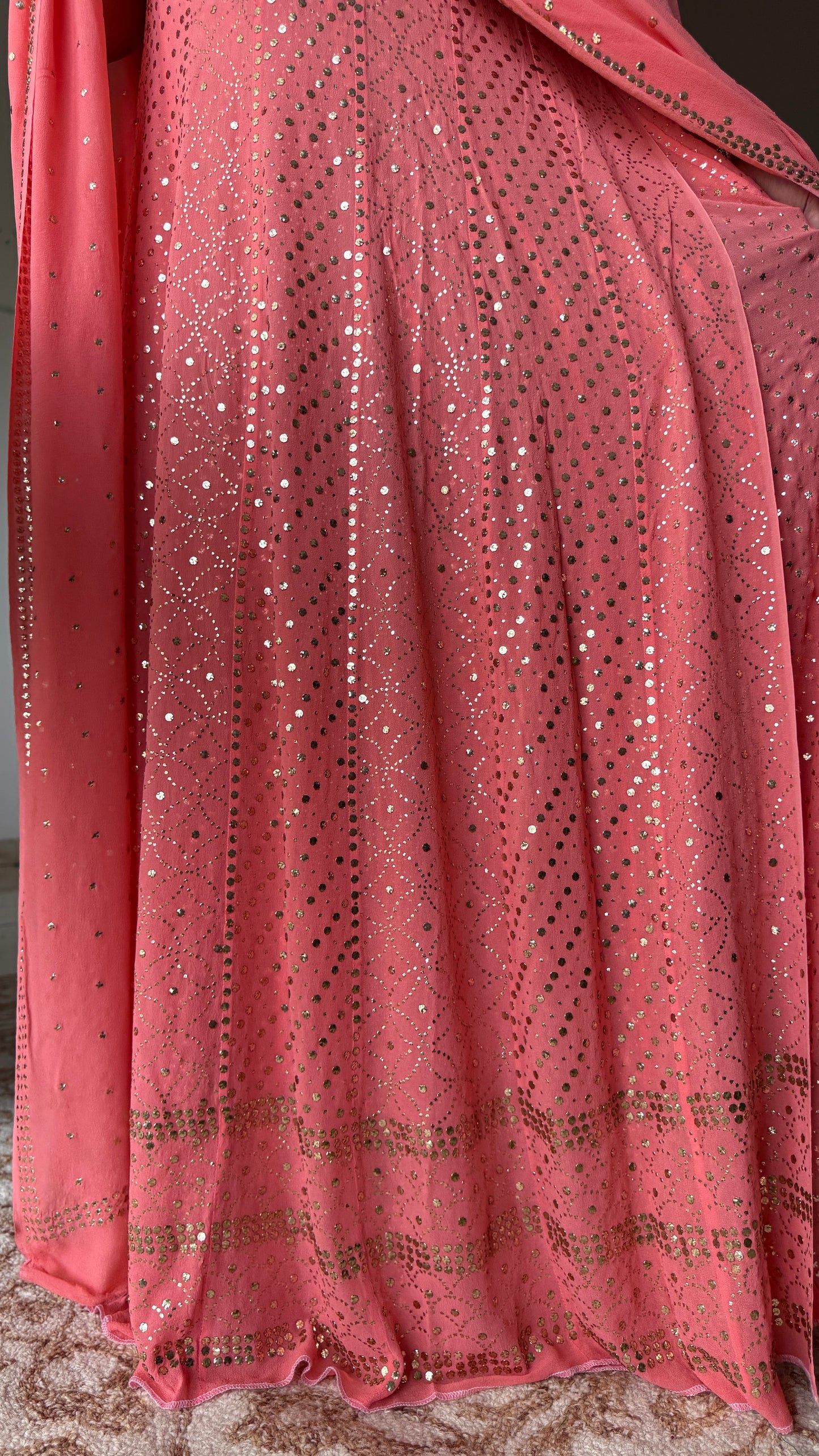 Ruhani Coral Pink Allover Designer Mukaish Pure Georgette Anarkali with Dupatta