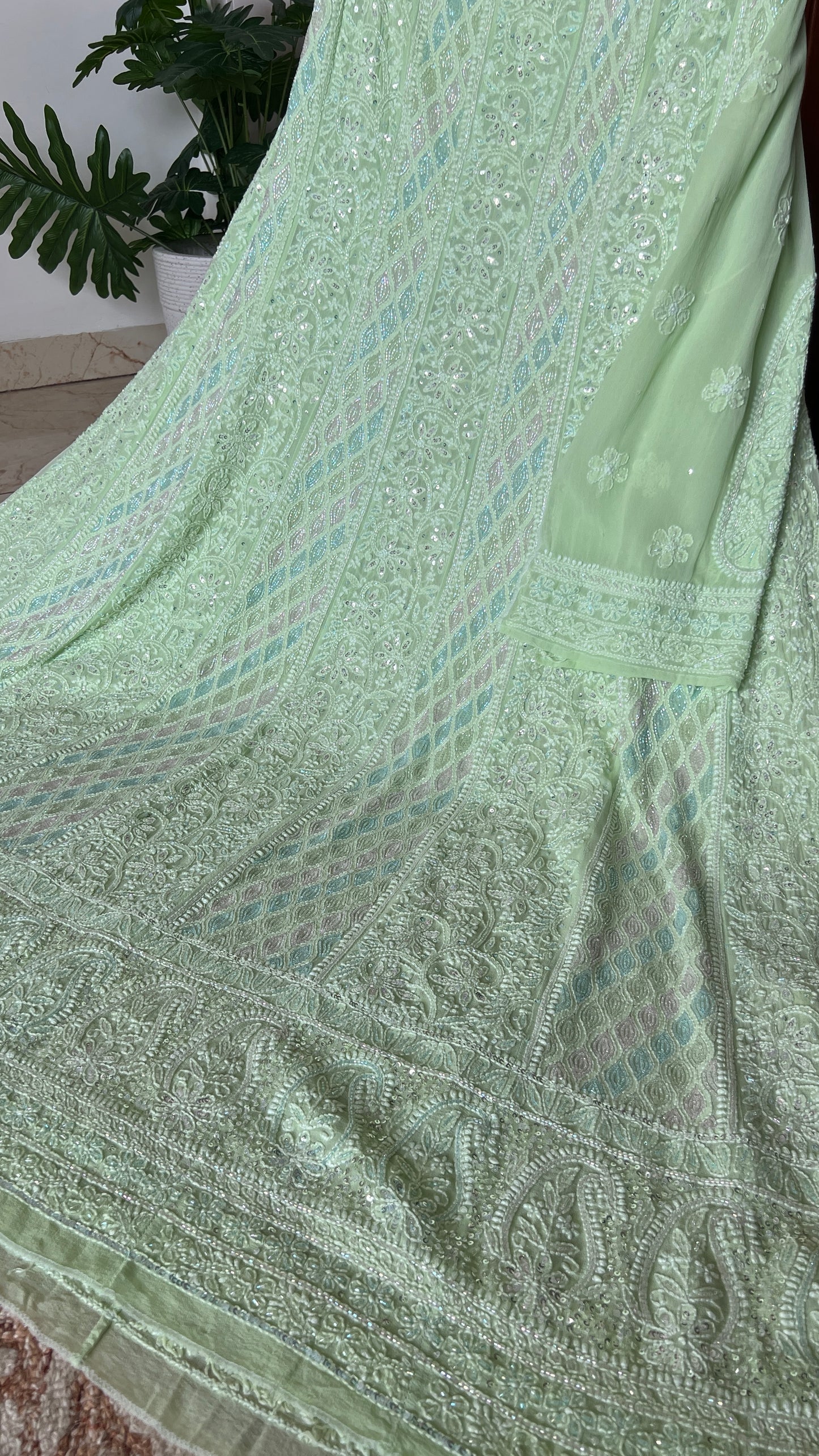 Bright Pista Green Chikankari multi hued Cut Dana and Sequins Anarkali