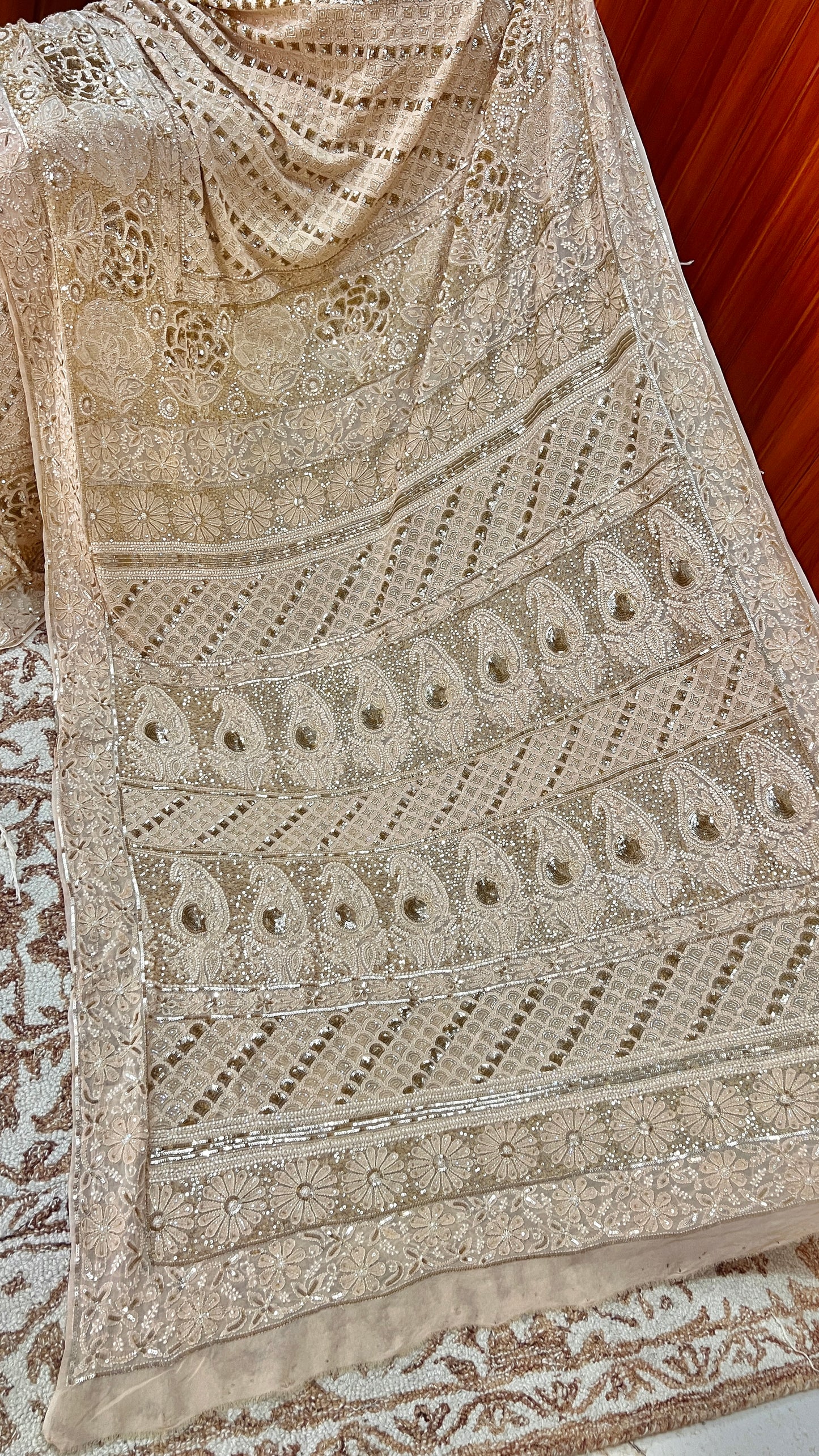 Ruhani Golden Beige Chikankari Sequins Cut Dana Embroidered Masterpiece Saree
