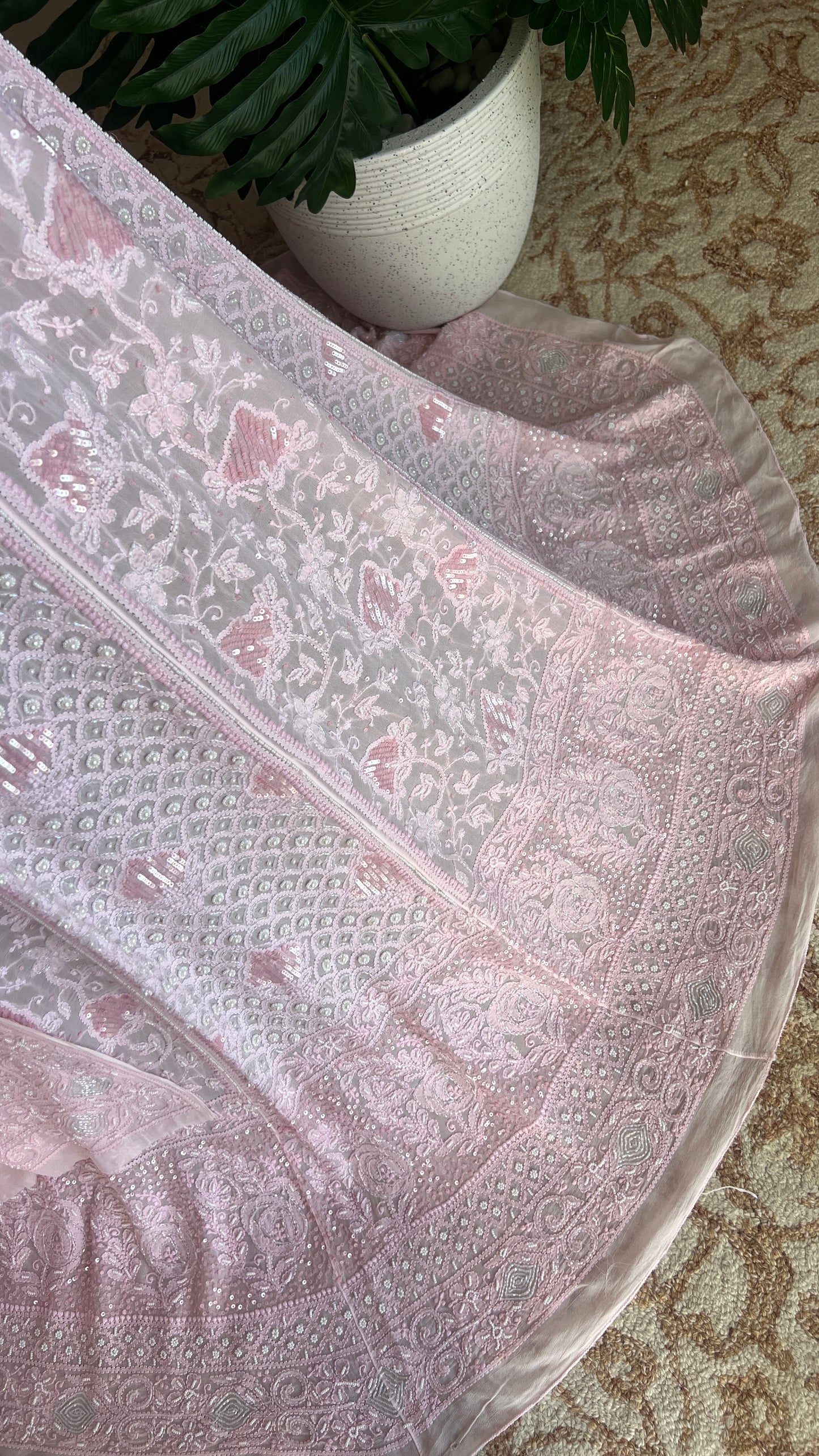 Ruhani Peachish Pink Chikankari Cut Dana Sequins Wedding Lehenga
