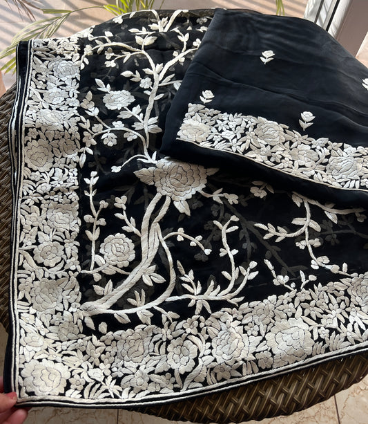 Black Masterpiece Hand Embroidered Parsi Gara jaal dupatta with kurta