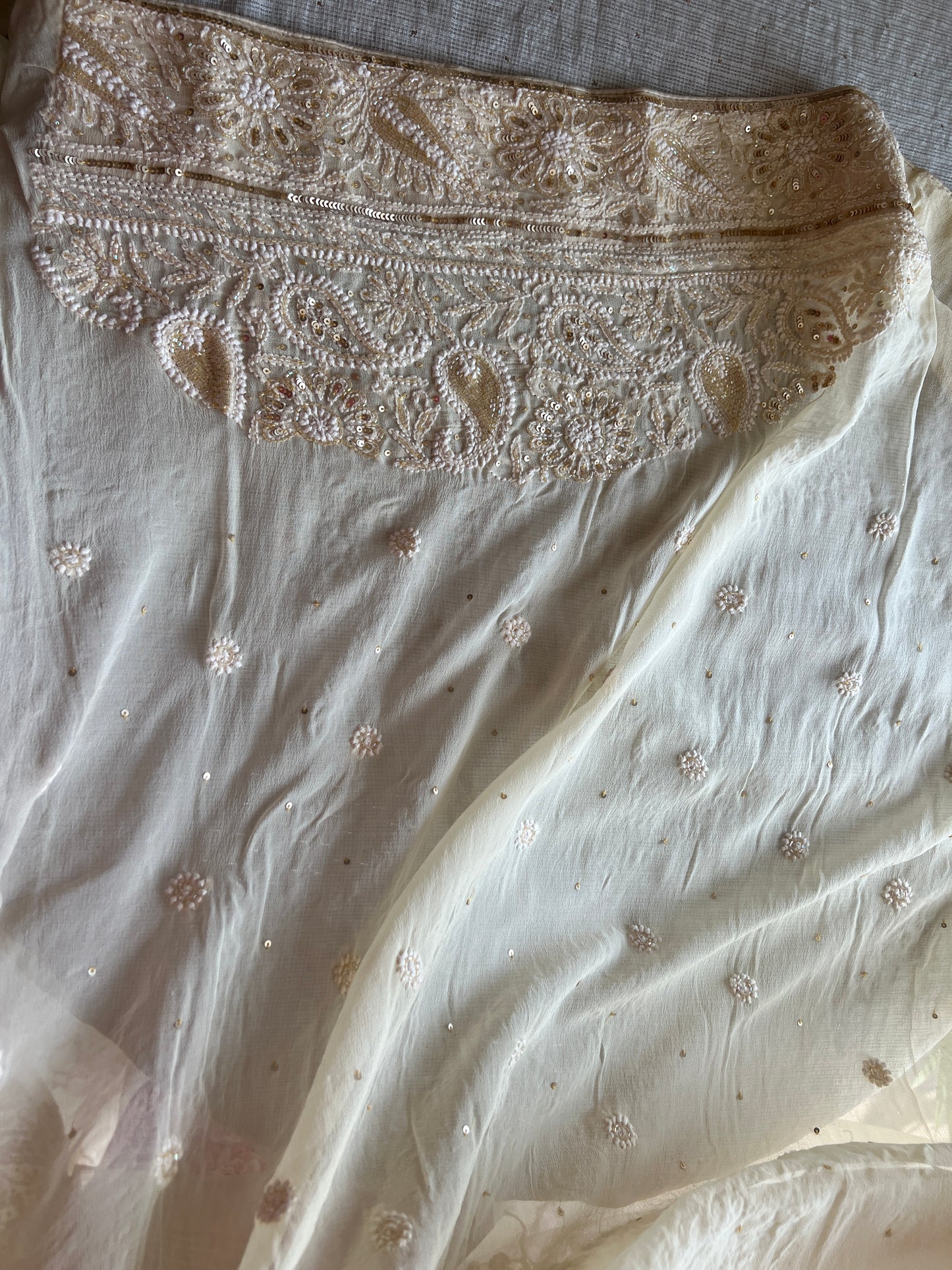 Ruhani Butter Cream Chikankari Sequins Cut Dana Embroidered Masterpiece Saree