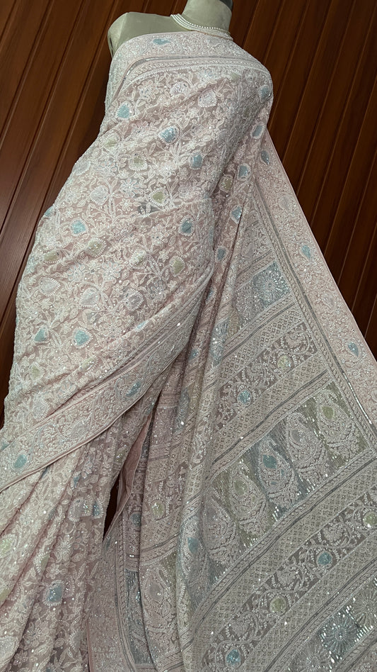 Ruhani Light Pink Chikankari Multi Cut Dana and Sequins Saree
