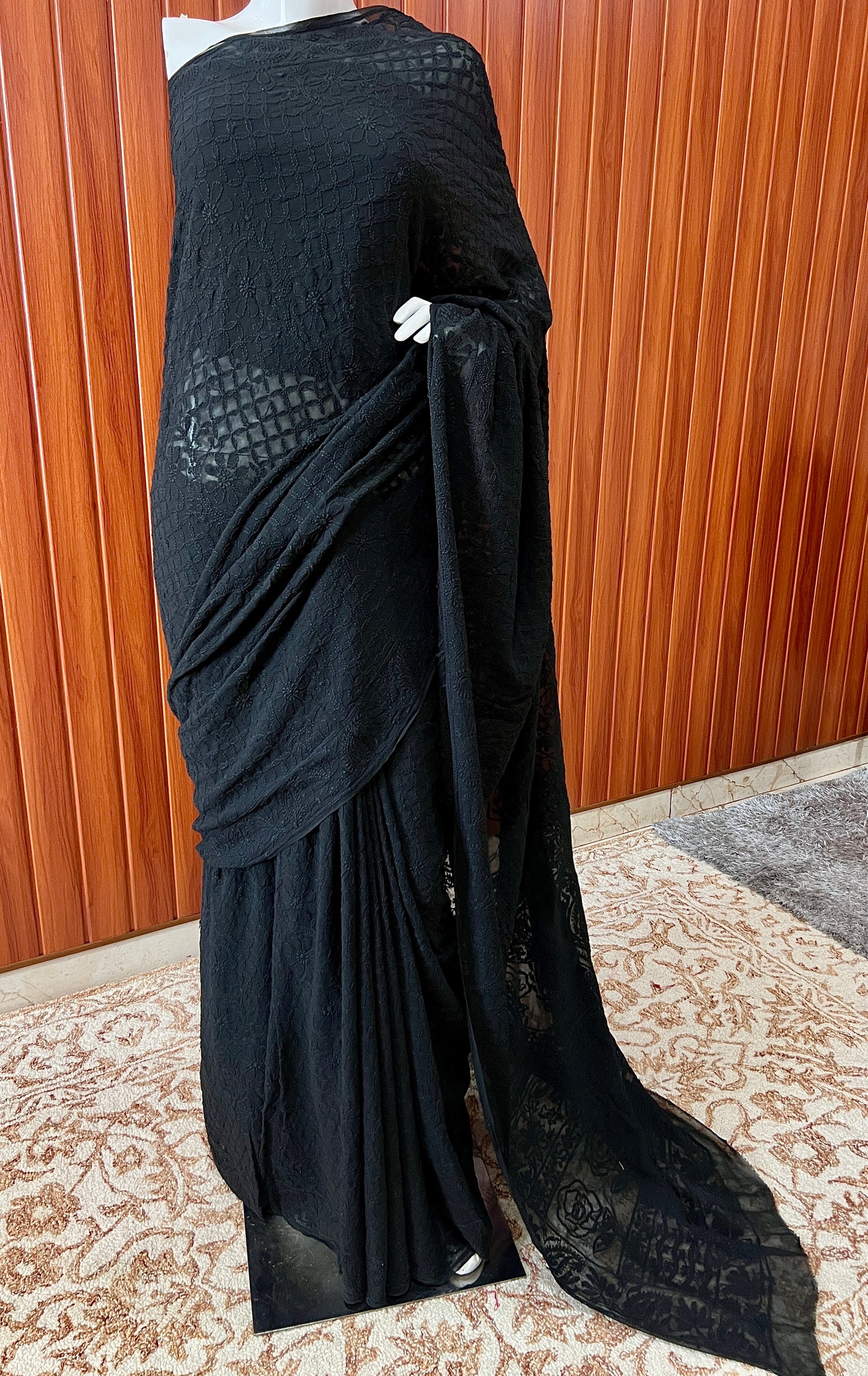 Ruhani Black fine Chikankari Hand Embroidered Saree