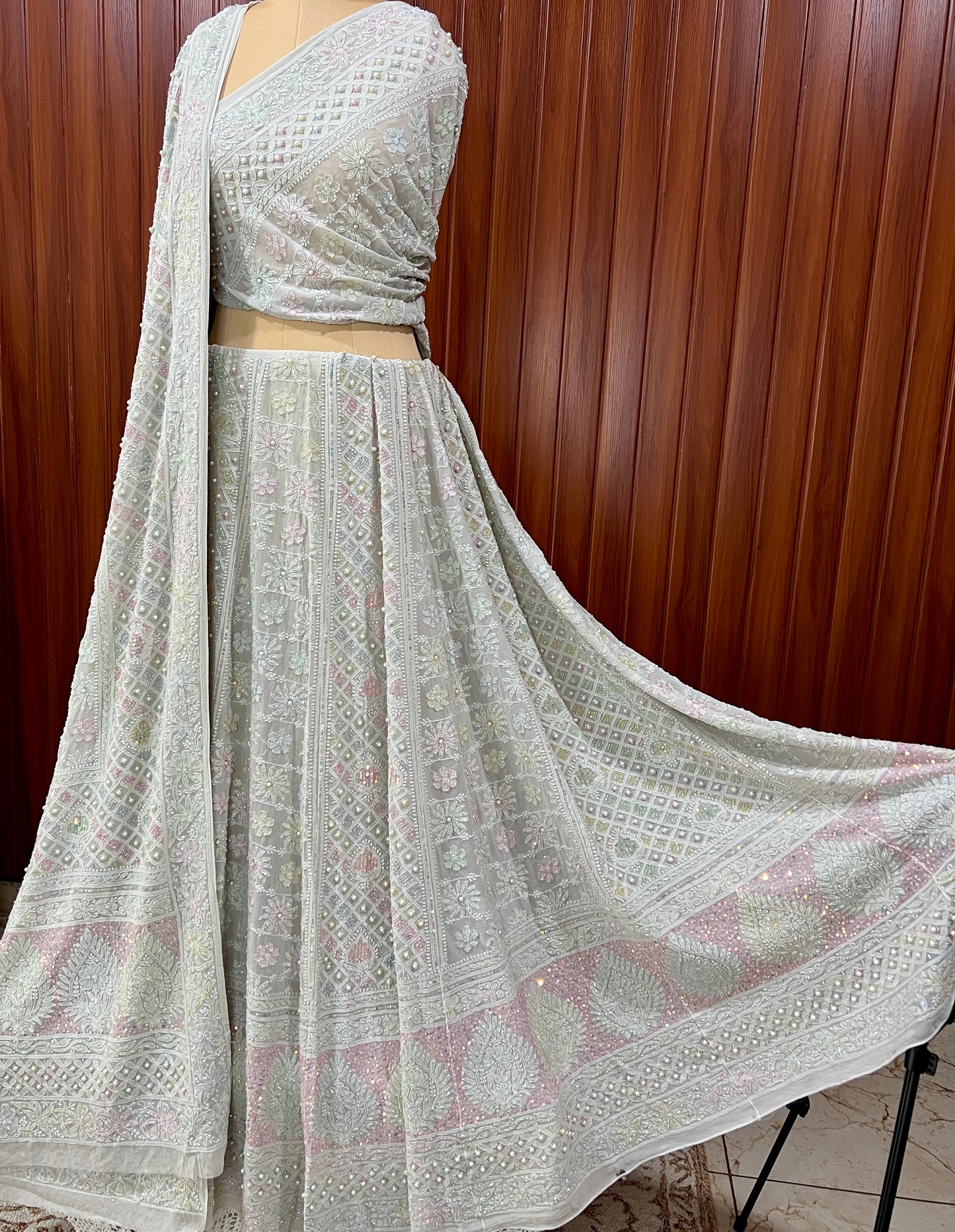Ruhani Ice Mint Chikankari Multicolored Cut Dana Sequins Lehenga
