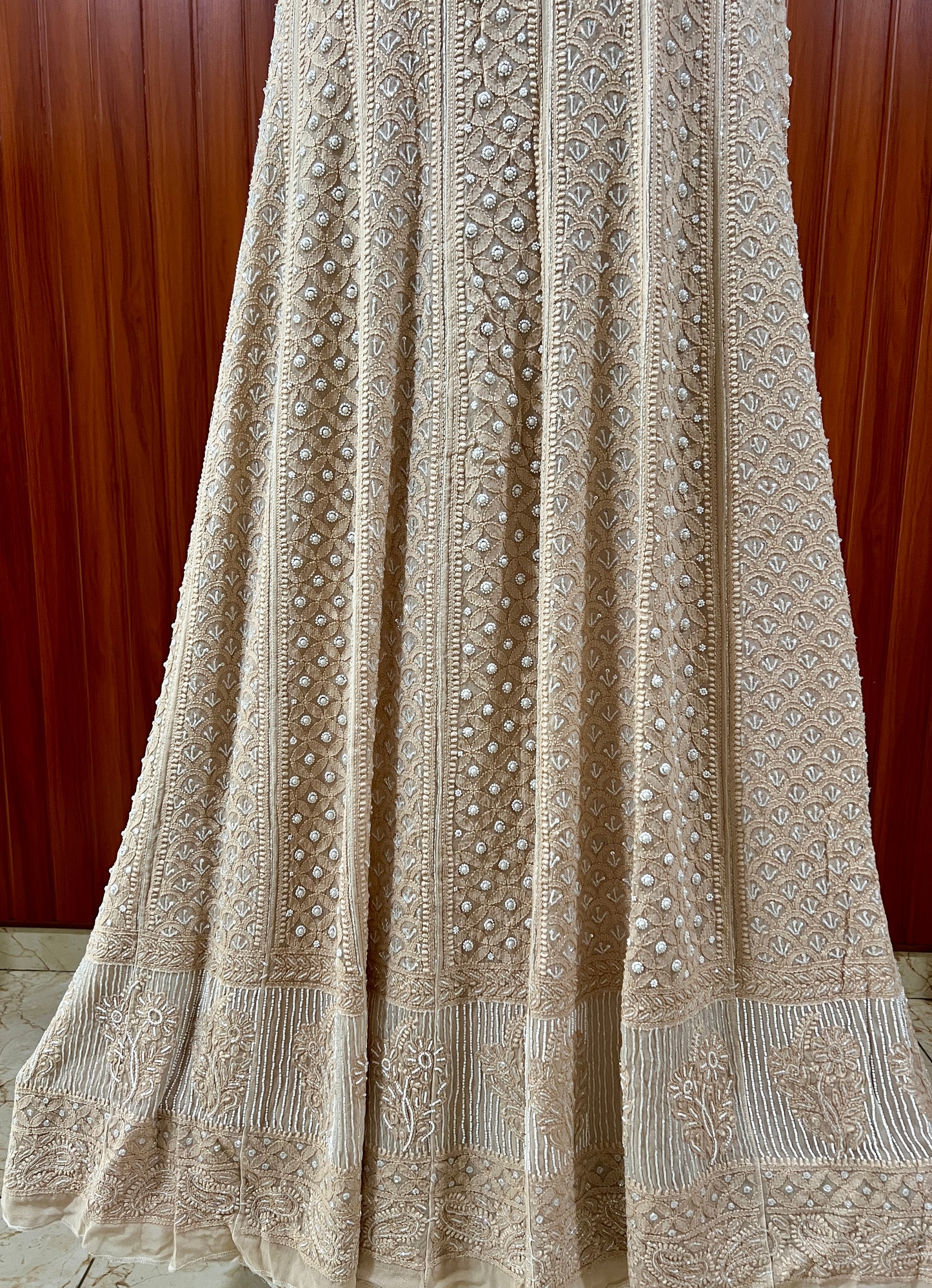 Beige Chikankari Cut Dana and pearl Anarkali with Dupatta