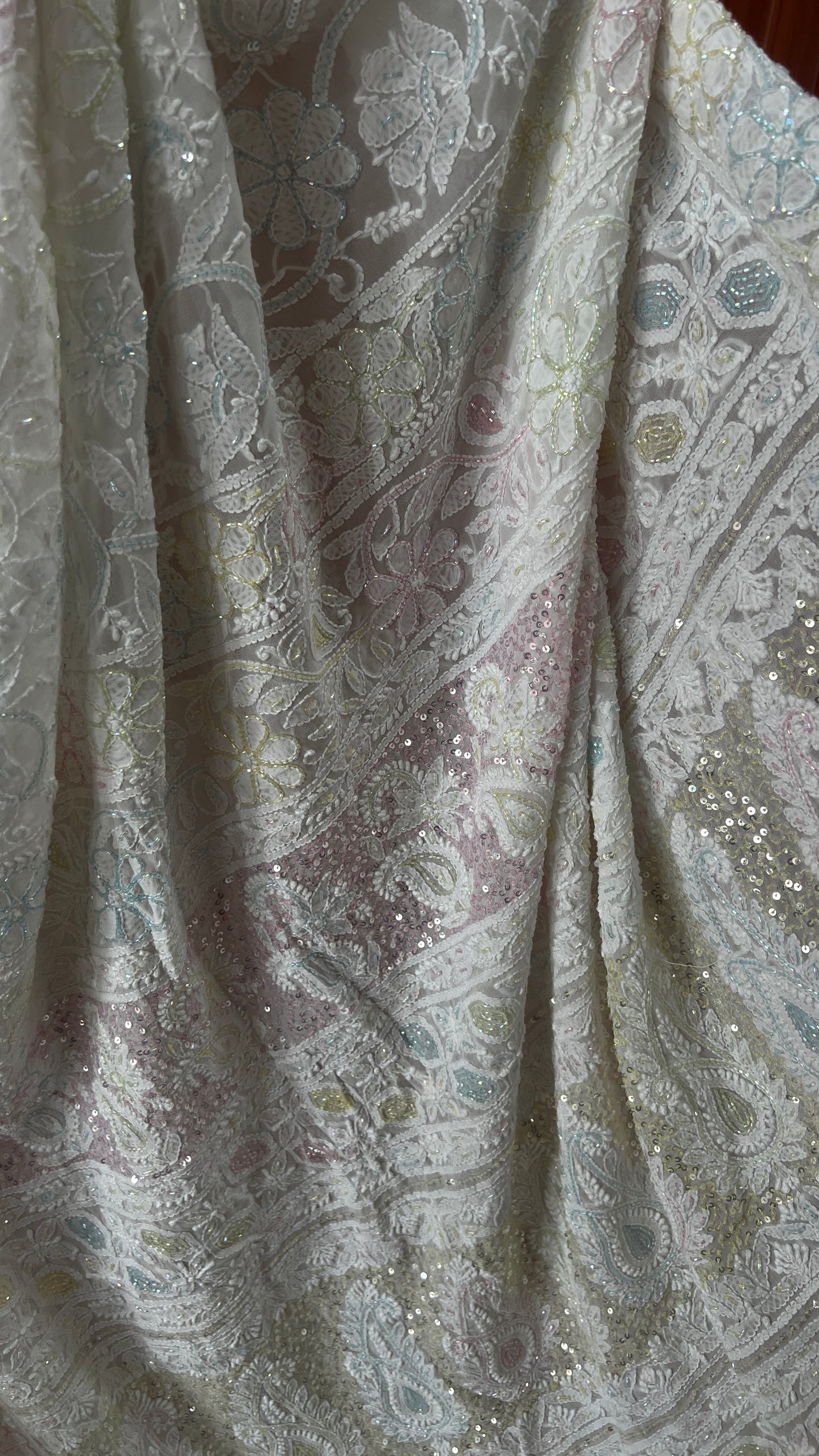 Ruhani White Chikankari and Multicolored Cut Dana Sequins Saree