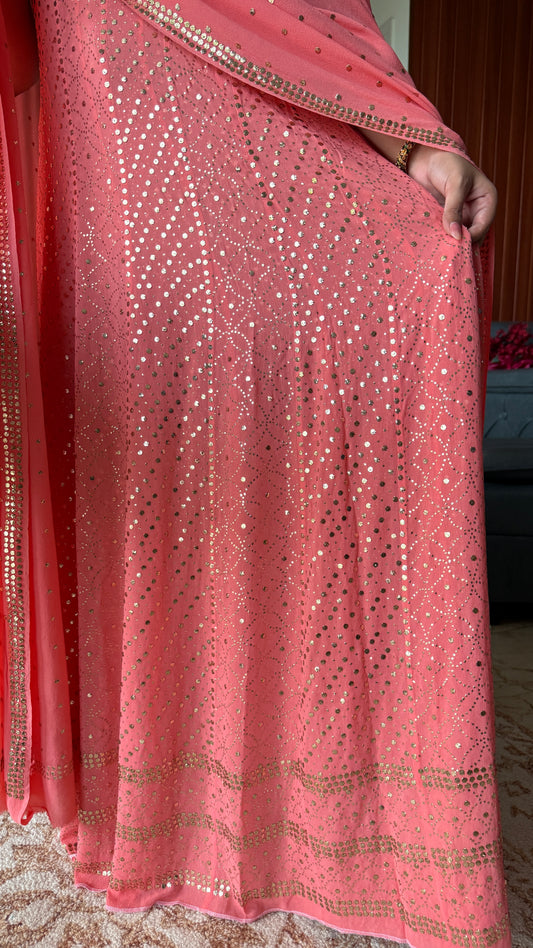 Ruhani Coral Pink Allover Designer Mukaish Pure Georgette Anarkali with Dupatta