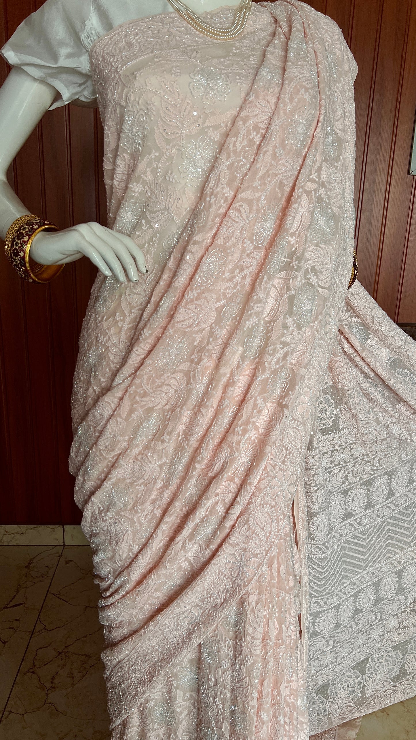 Ruhani Light Peach Chikankari and Cut Dana Saree