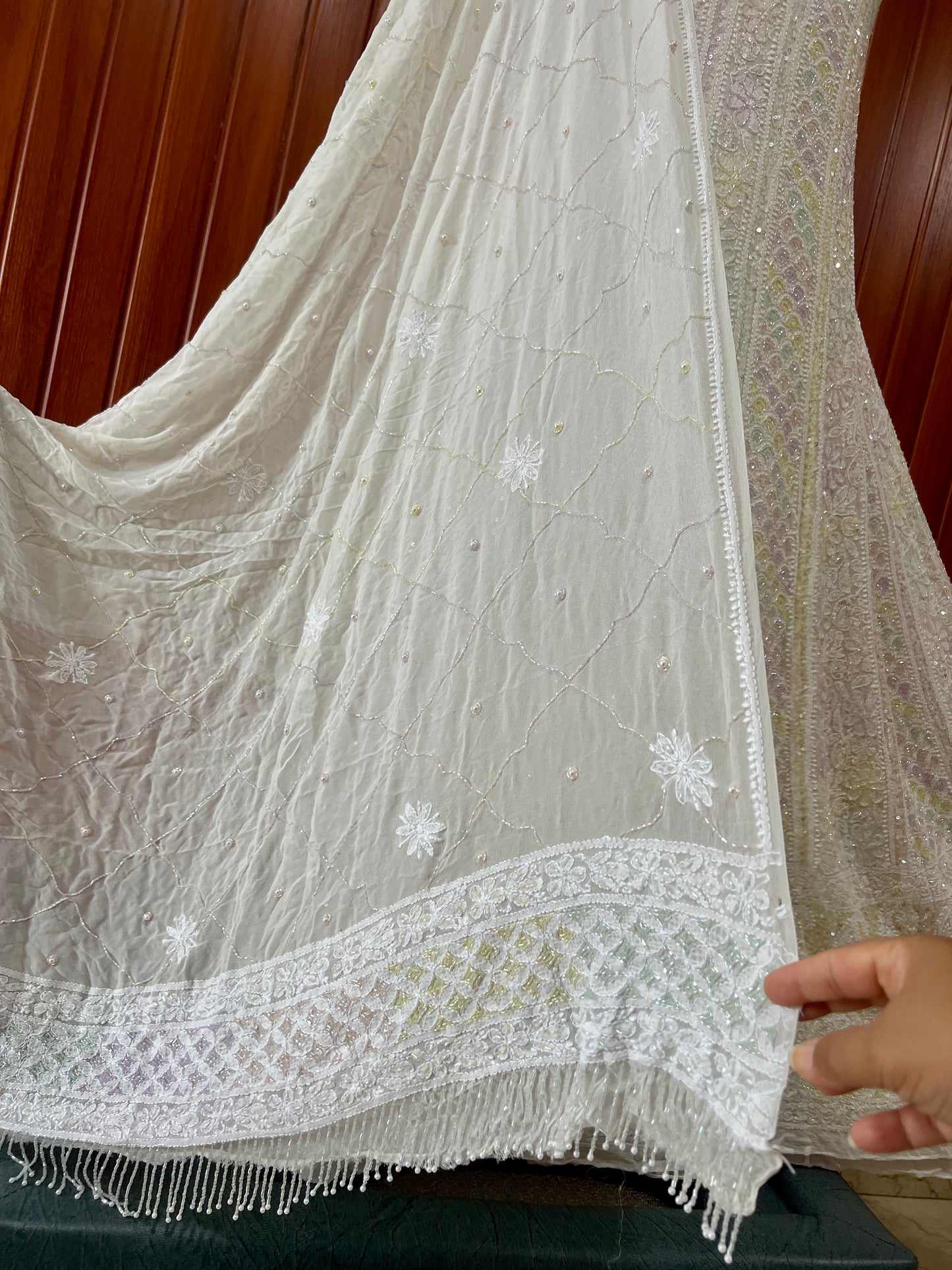 Ivory Chikankari multicolored Sequins and Cut Dana Anarkali