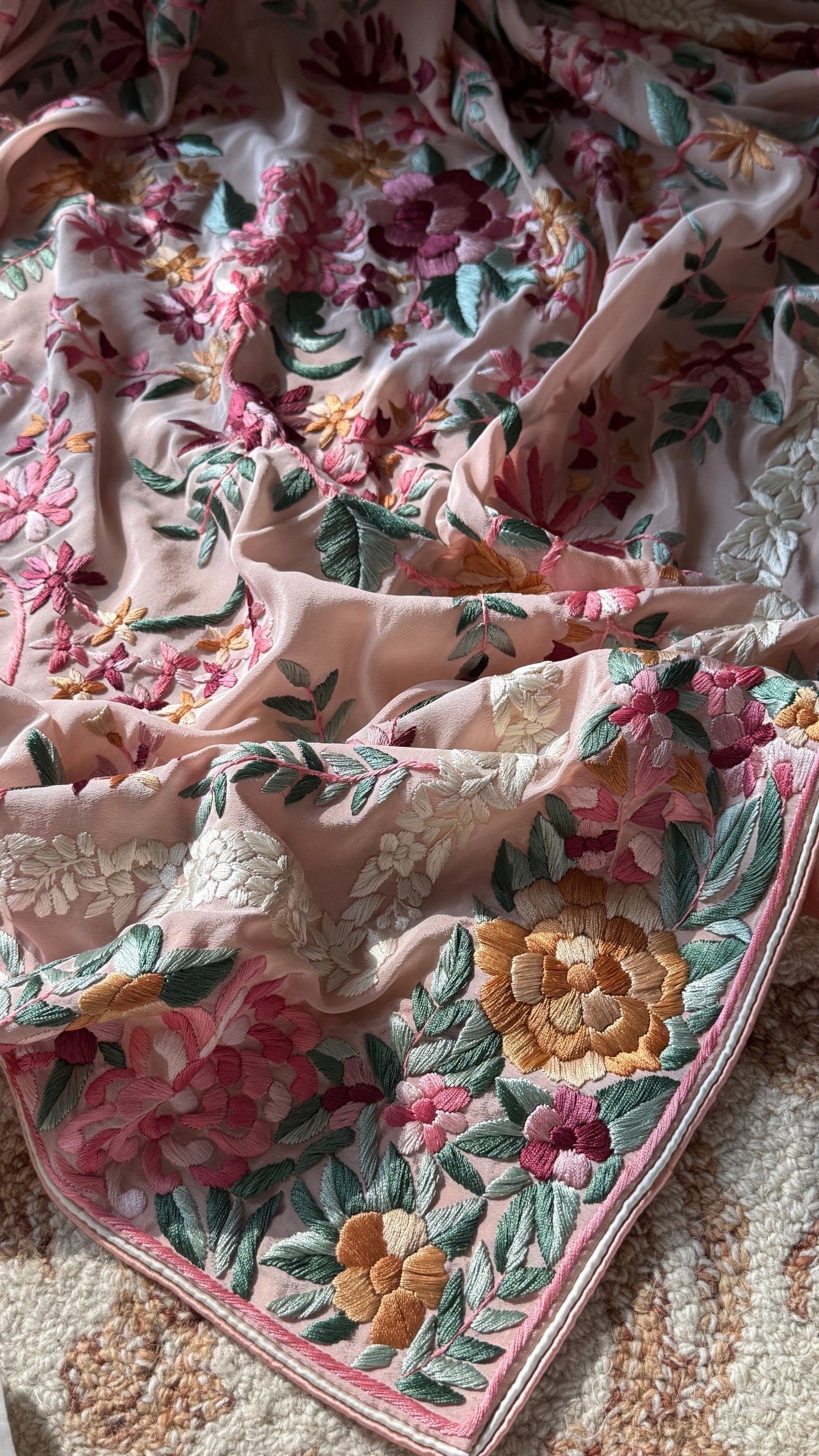 Blush Peach floral Masterpiece Parsi Gara Pure Crepe Saree