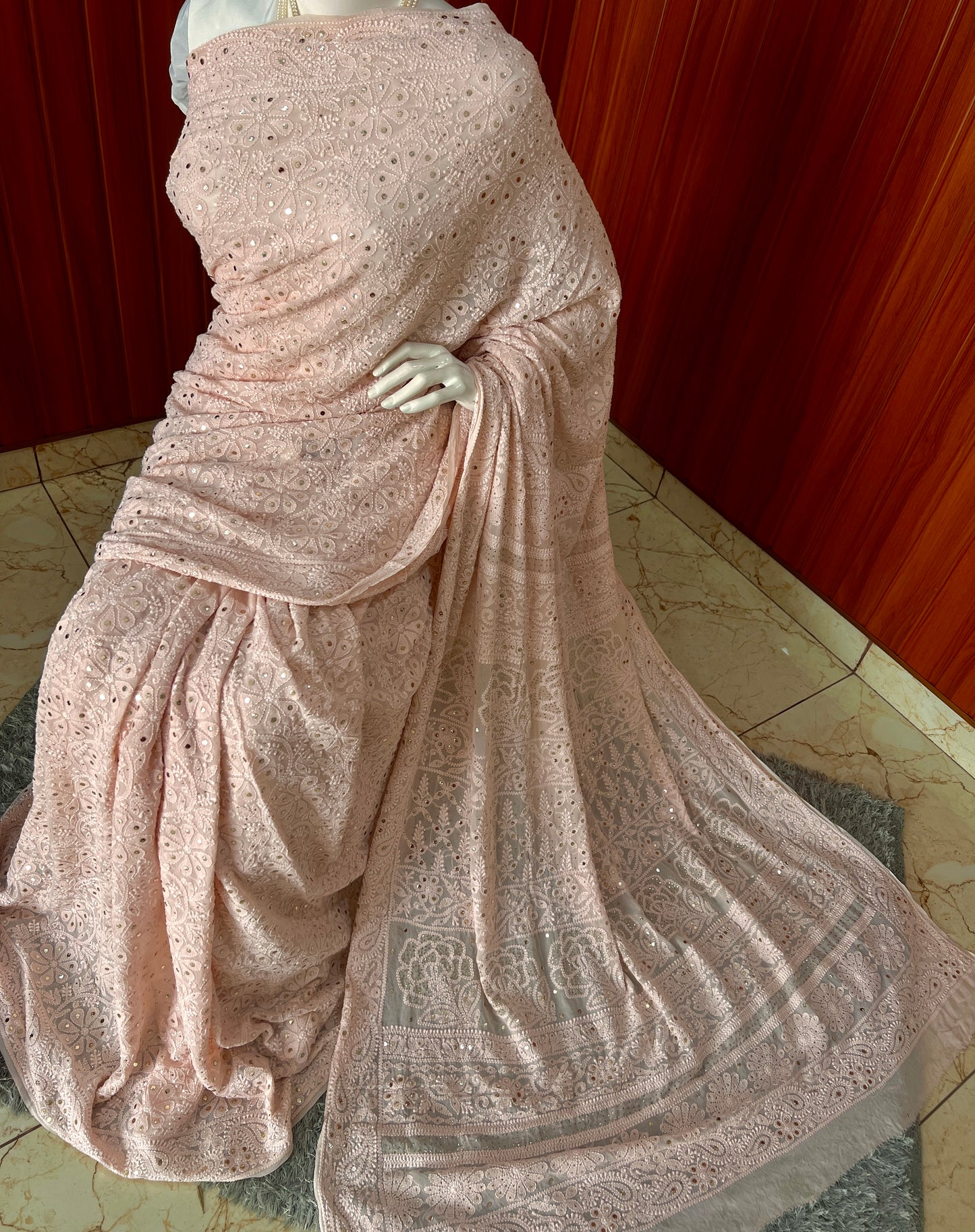 Peachy Pink Ruhani Allover Chikankari and Mukaish Saree