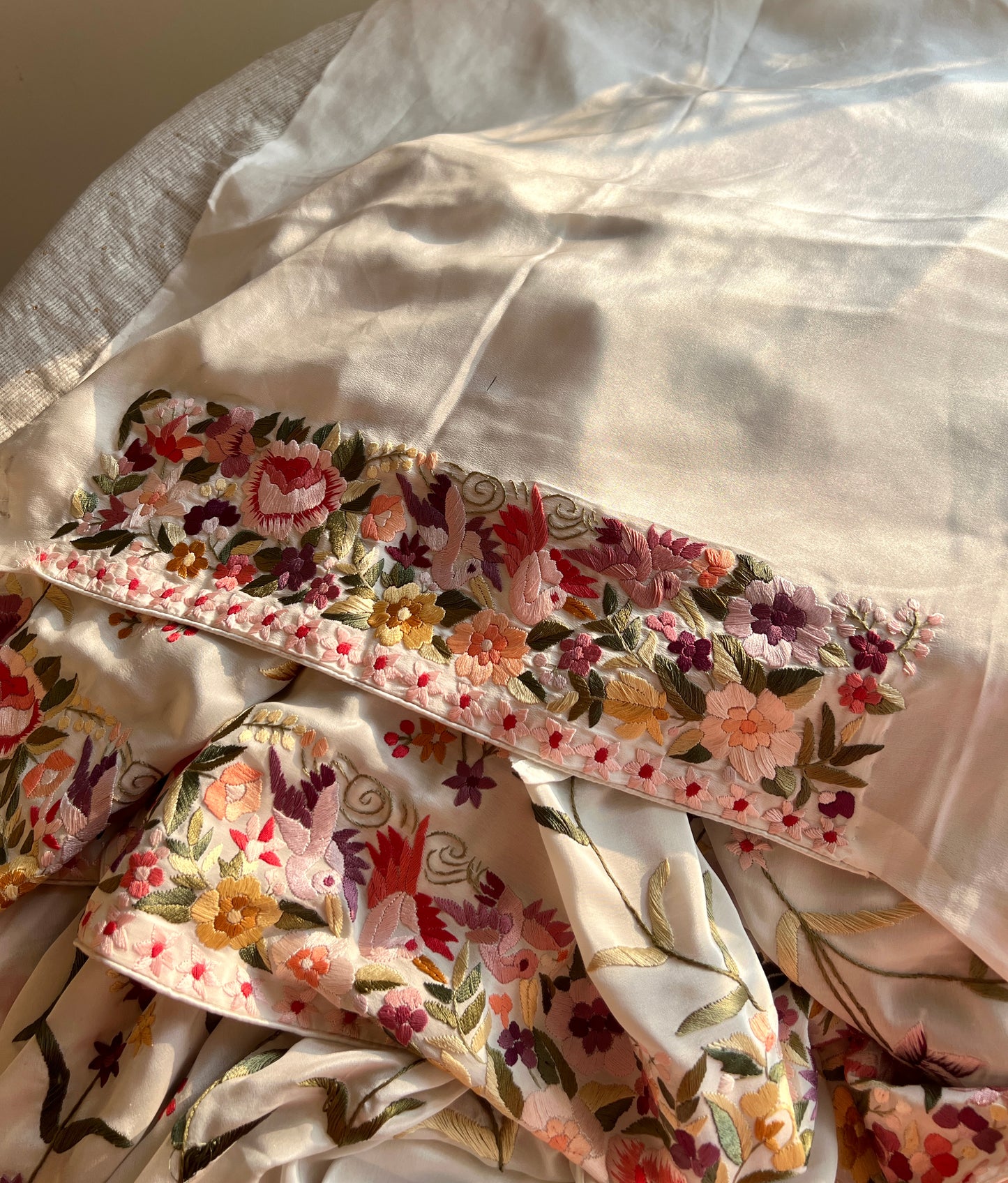 Ivory Parsi Gara Allover Hand Embroidered Saree on Pure Crepe