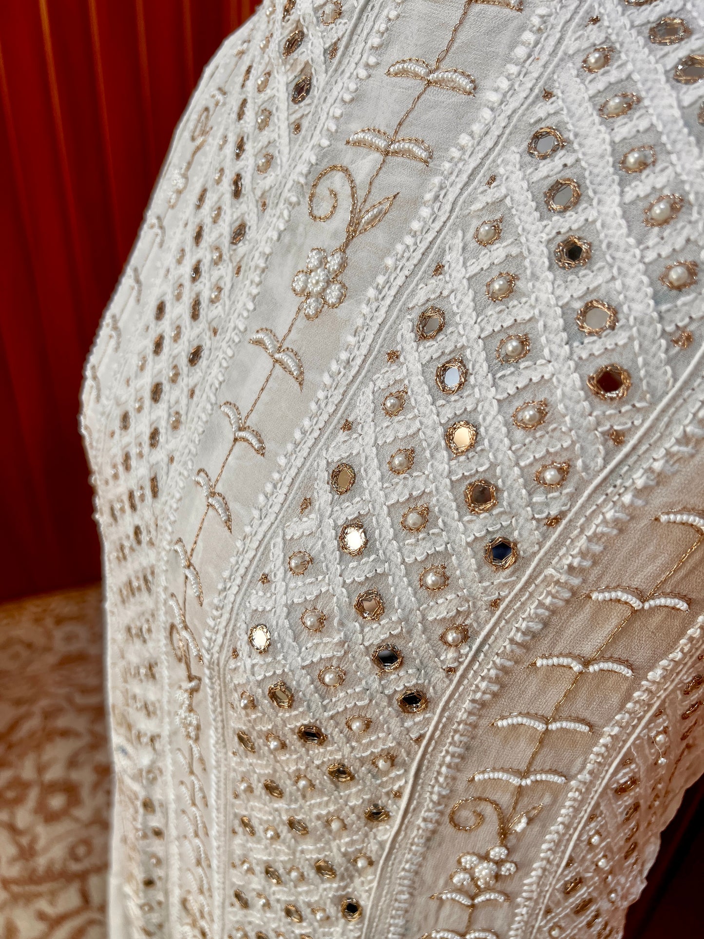 White Chikankari Mirror Gota Patti Pearl Anarkali with Dupatta