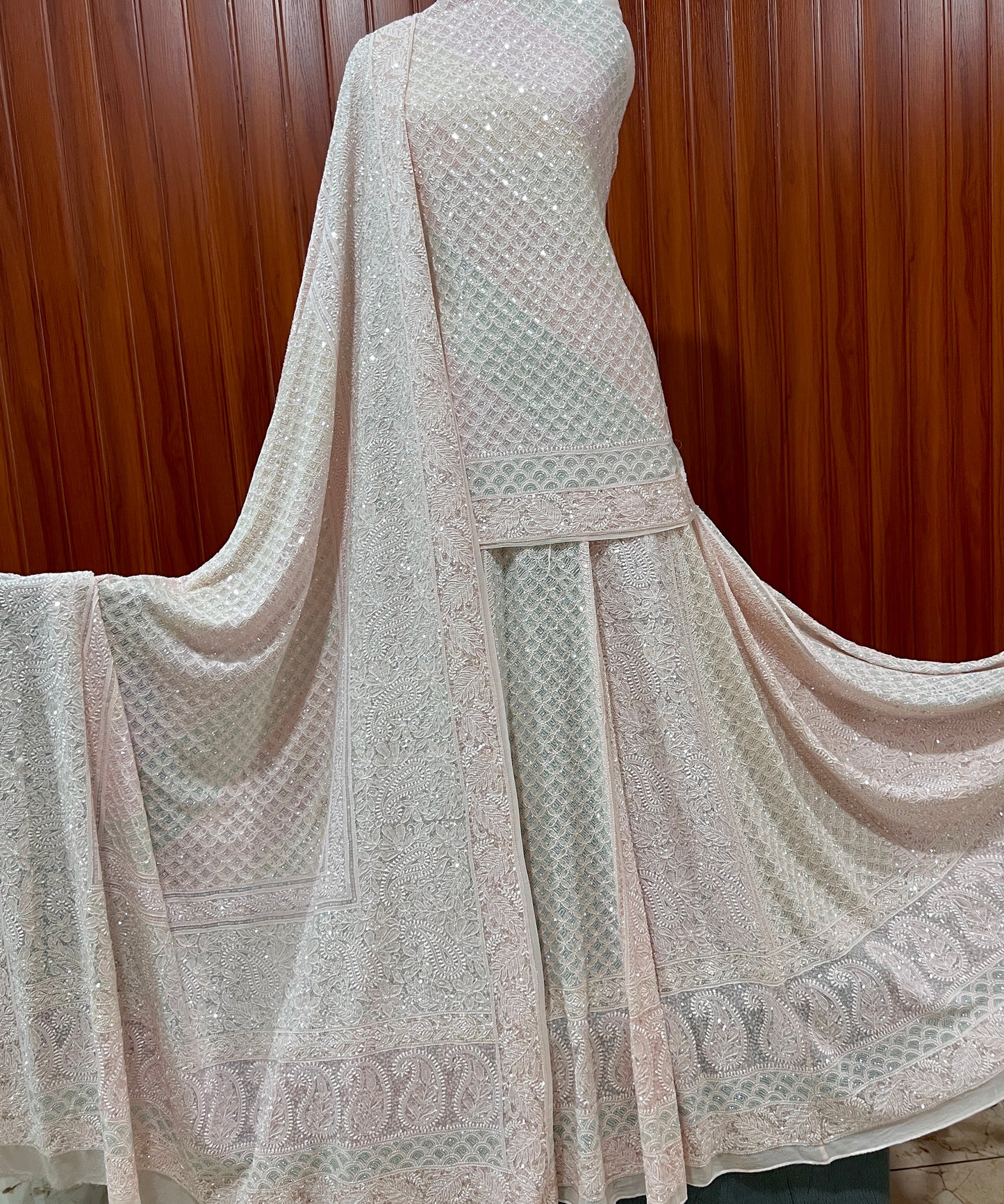Ruhani Nude Pink Chikankari Lehenga with Multicolored Cut Dana and sequins Work