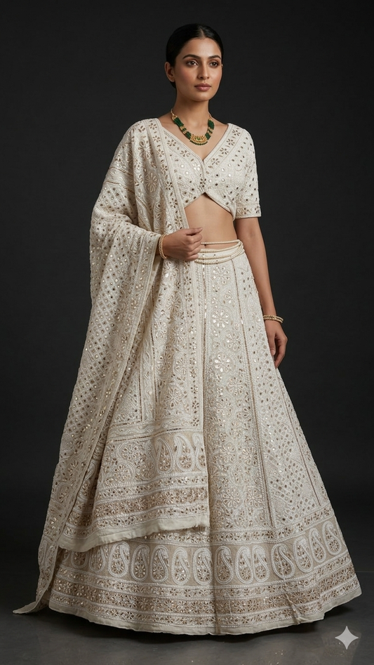 Ruhani Chikankari pearl mirror and sequins lehenga