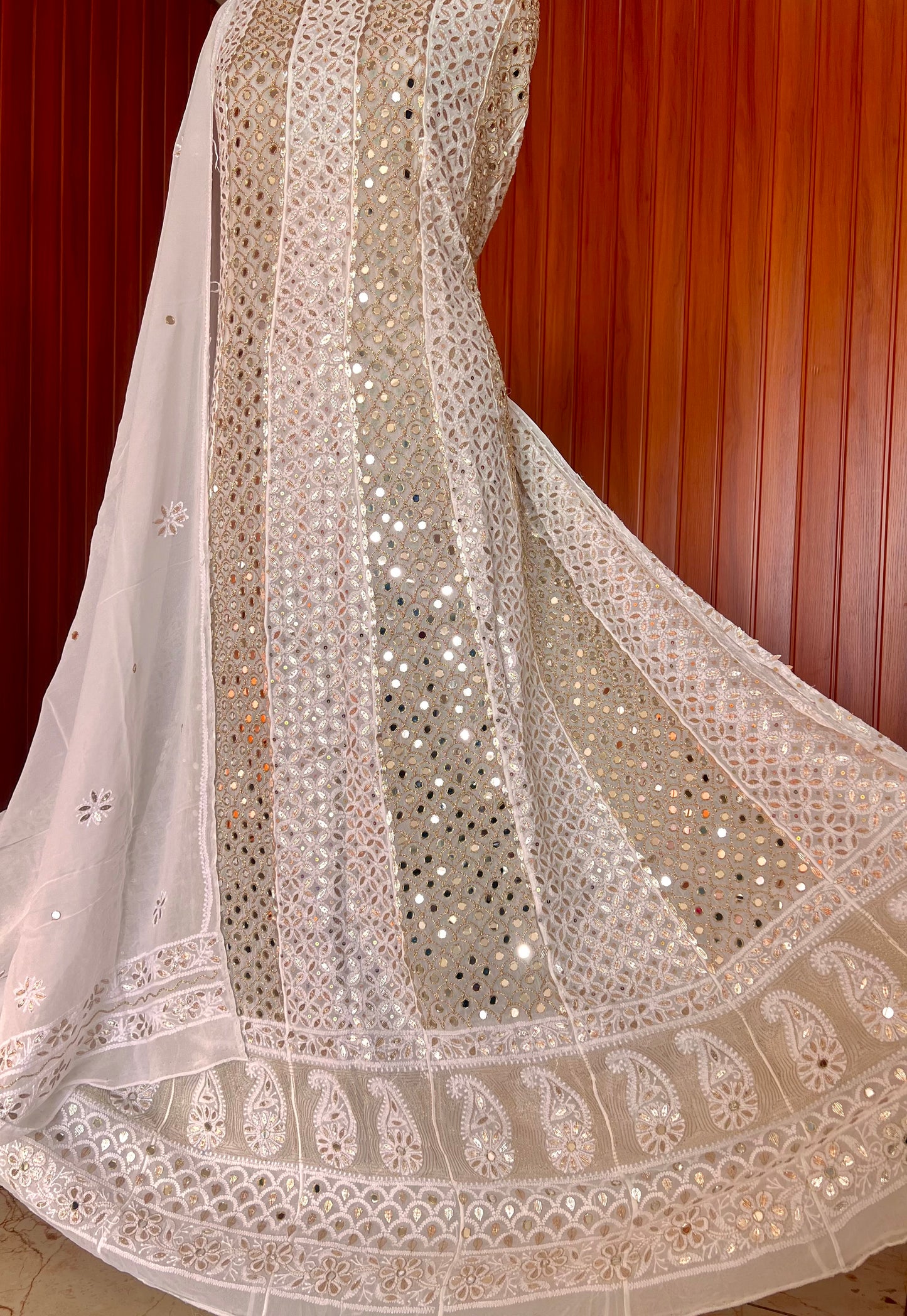 White Chikankari Mirror Gota Sequins Work Anarkali with Dupatta