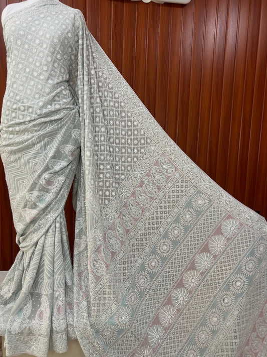 Ruhani Sage Blue Chikankari Cut Dana and Sequins Saree
