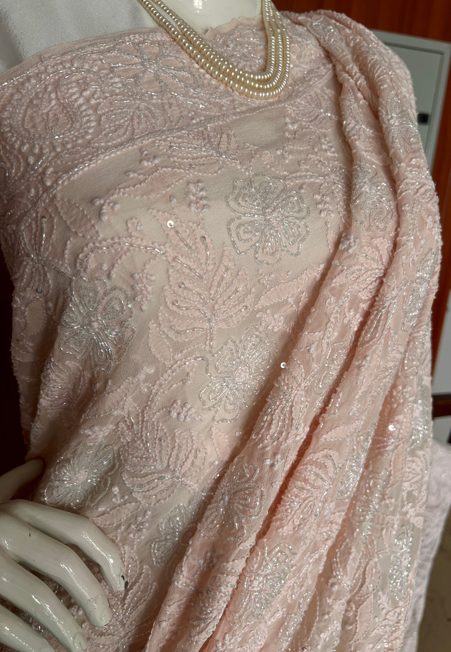 Ruhani Light Peach Chikankari and Cut Dana Saree