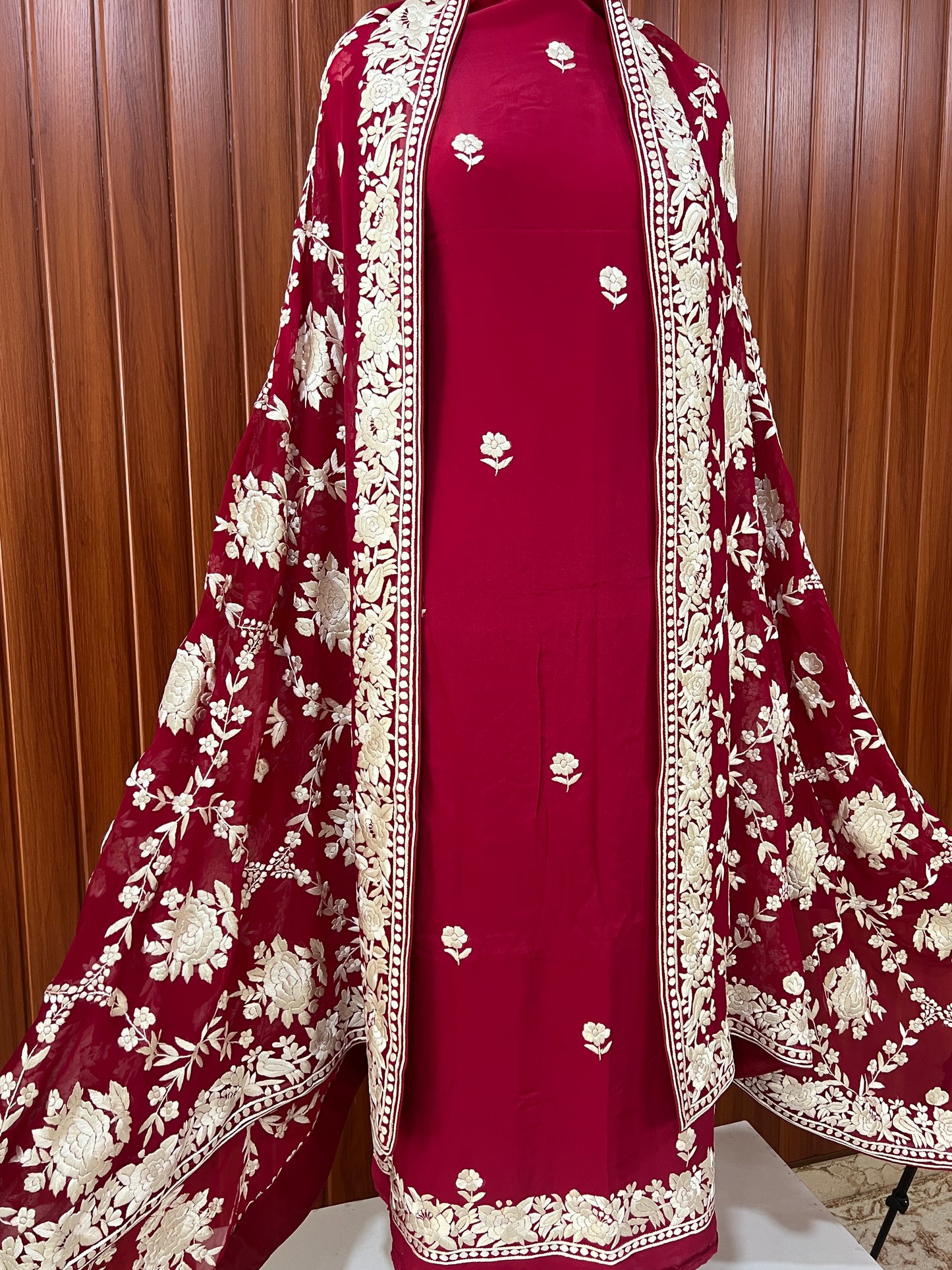 Ruby Red Masterpiece Hand Embroidered Parsi Gara full Suit