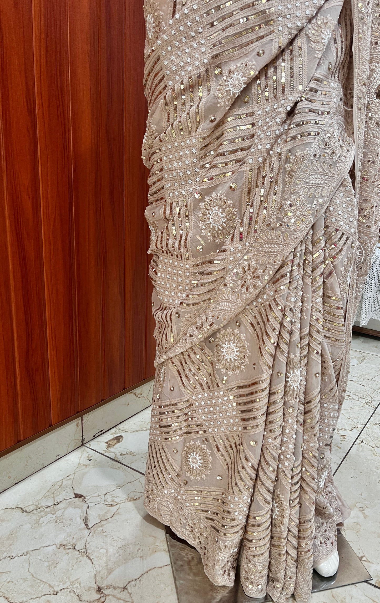 Ruhani Powder brown Chikankari Saree with Sequins Pearl and Aari Embroidery