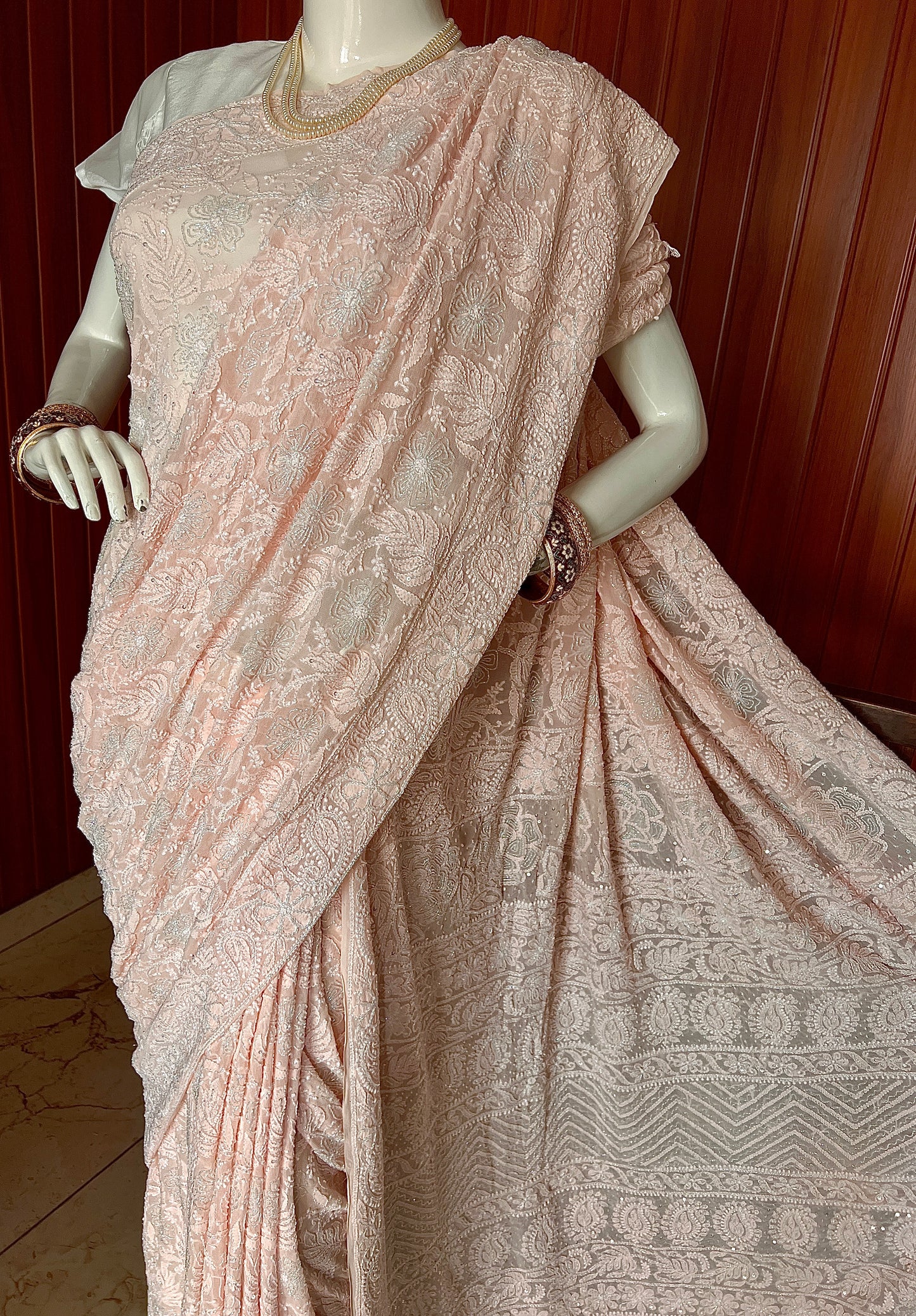 Ruhani Light Peach Chikankari and Cut Dana Saree